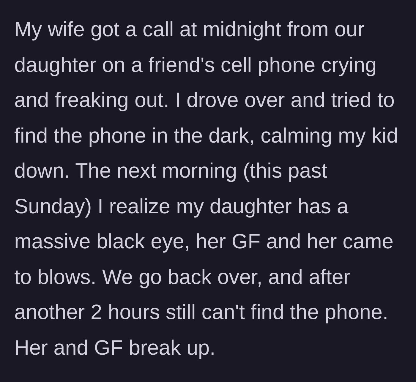 Story part 3 - The parent rescues the crying daughter at midnight, only to discover the next morning that she has a black eye from the fight.