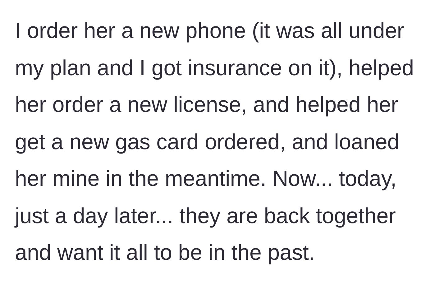Story part 4 - The parent buys a new phone and replaces the lost cards, but the couple gets back together the very next day.