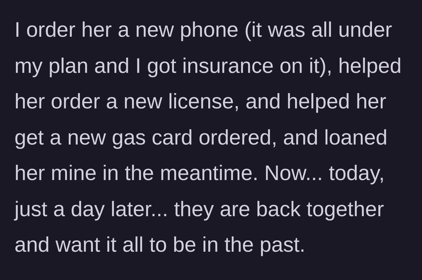 Story part 4 - The parent buys a new phone and replaces the lost cards, but the couple gets back together the very next day.