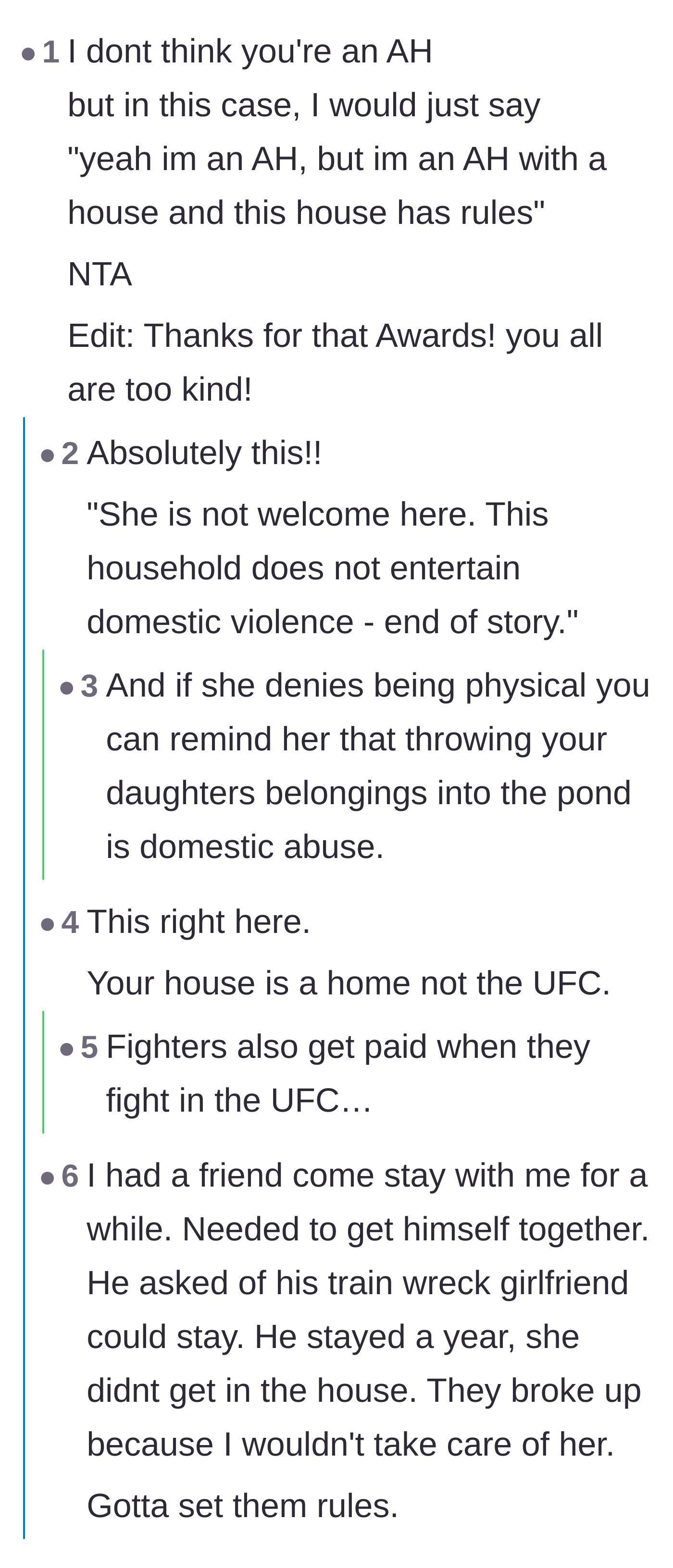 Comment thread 1 - Readers validating the parents for enforcing strict house rules against fighting and treating the home like a boxing ring.