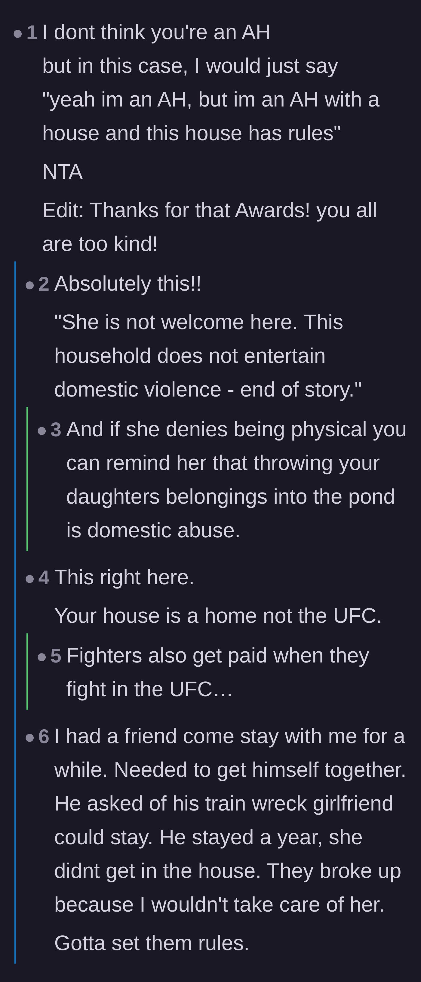 Comment thread 1 - Readers validating the parents for enforcing strict house rules against fighting and treating the home like a boxing ring.
