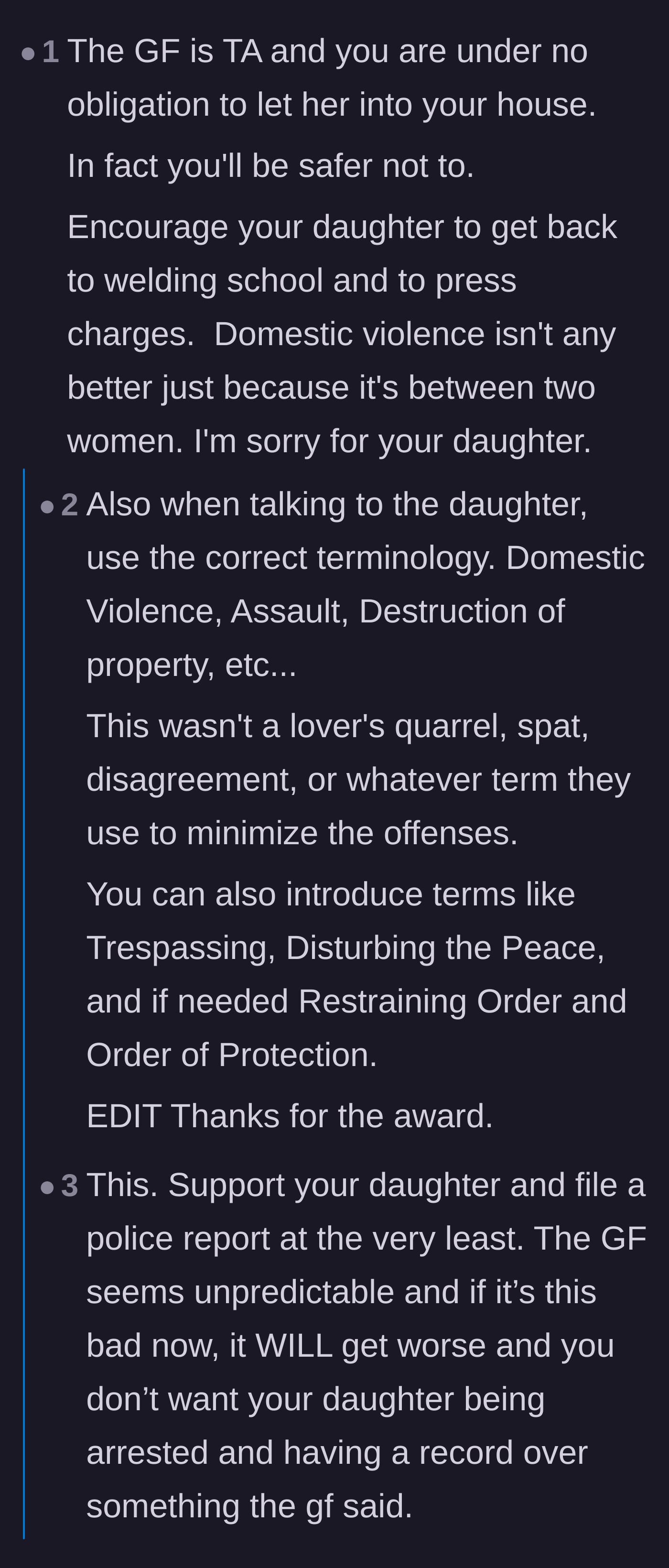 Comment thread 2 - A deep dive into calling the girlfriend's behavior out for what it truly is: domestic abuse and property destruction.
