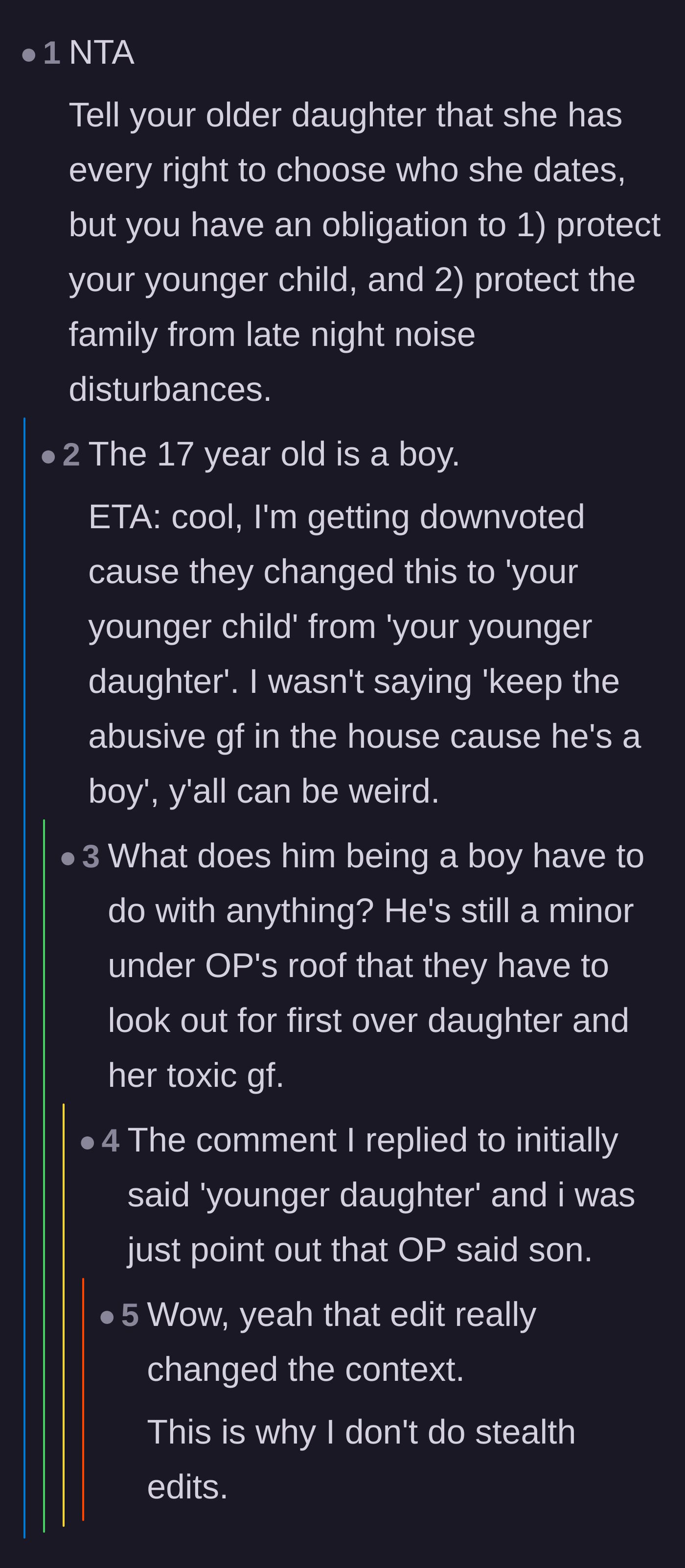Comment thread 3 - A debate about the parents' obligation to protect their 17-year-old son from the late-night disturbances.