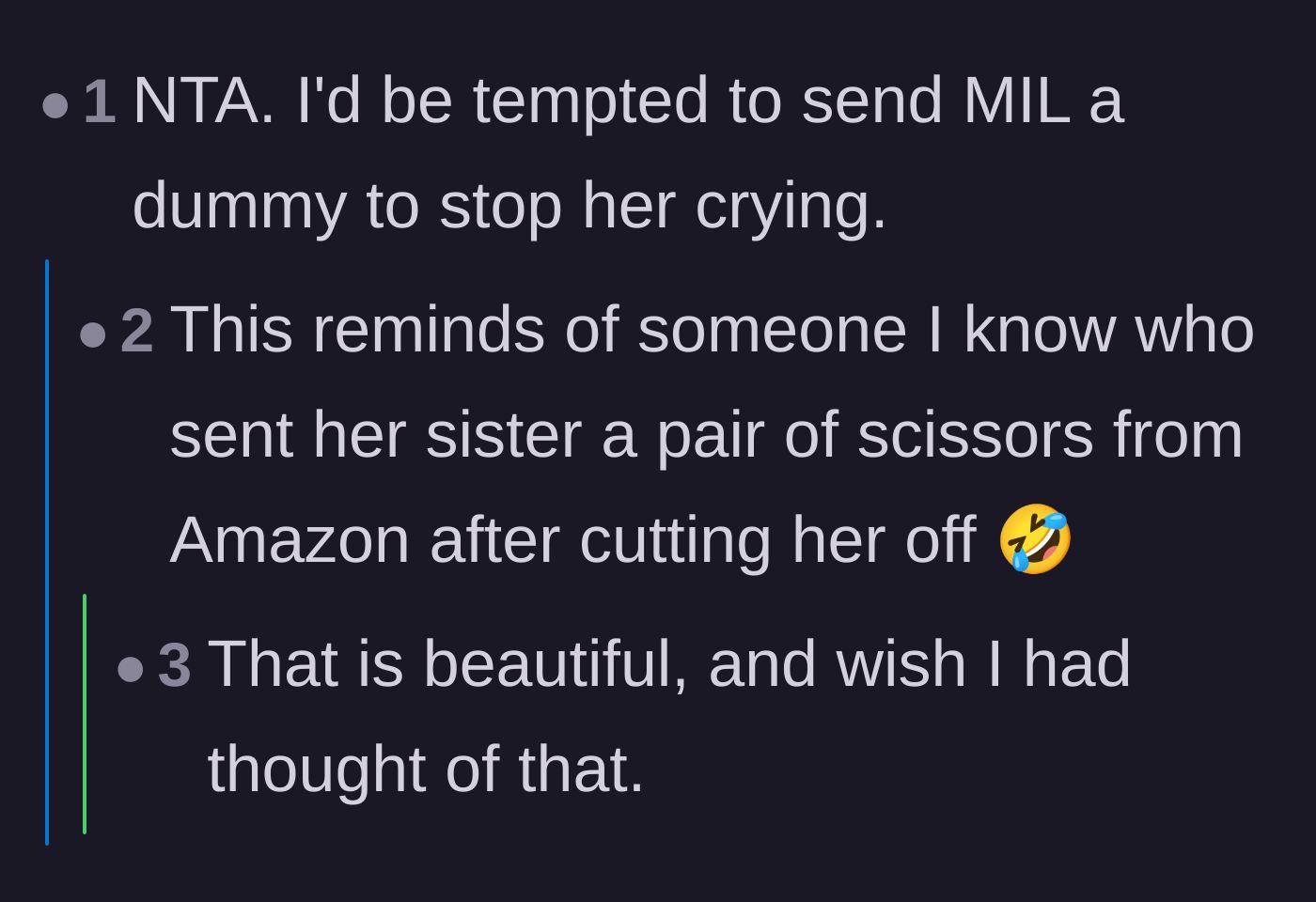 Comment thread 1 - A satirical suggestion to mail the grandmother a pacifier to soothe her own complaints about being banned.