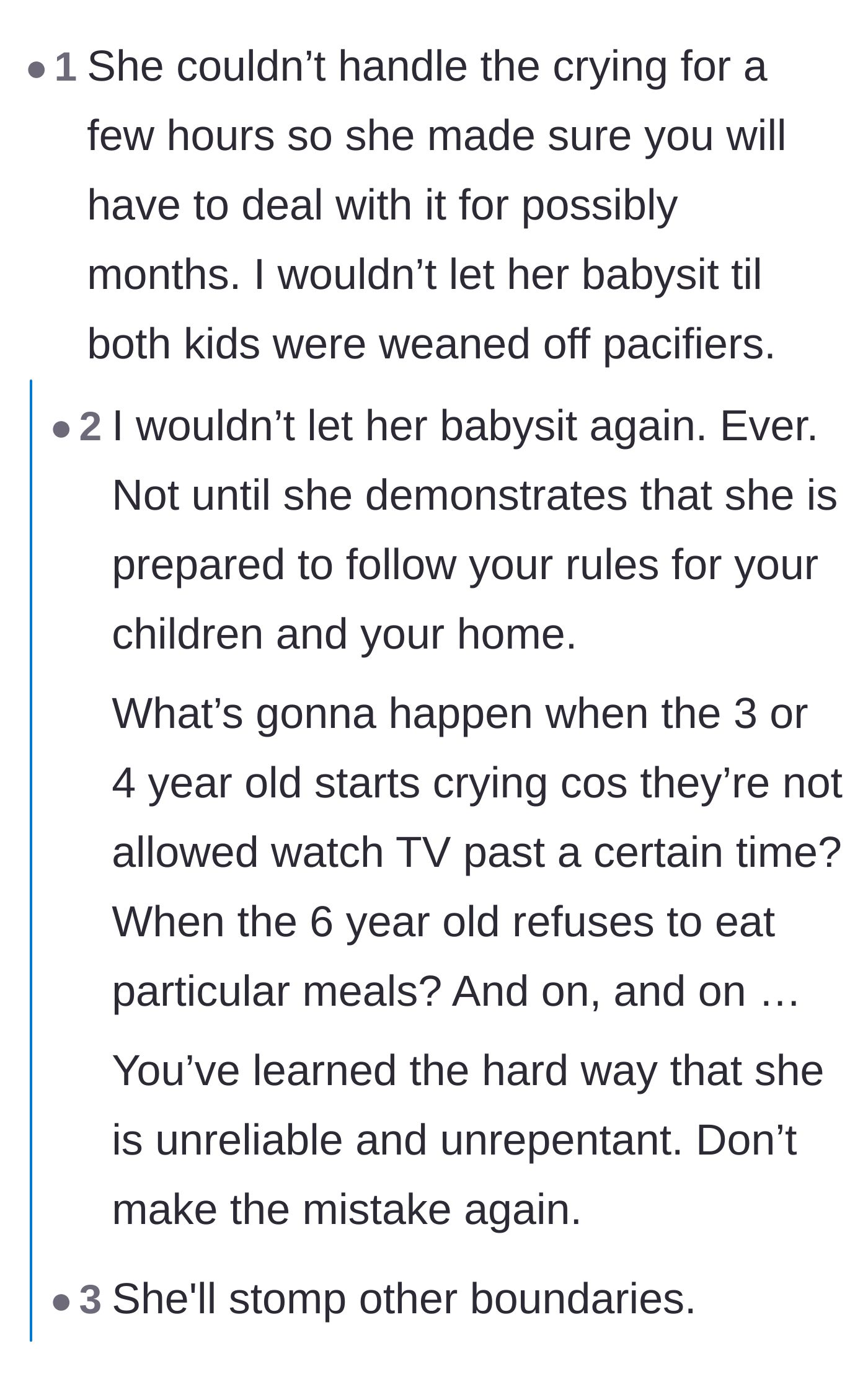 Comment thread 6 - Predictions that allowing the grandmother to babysit again will lead to further, more severe boundary violations as the children age.