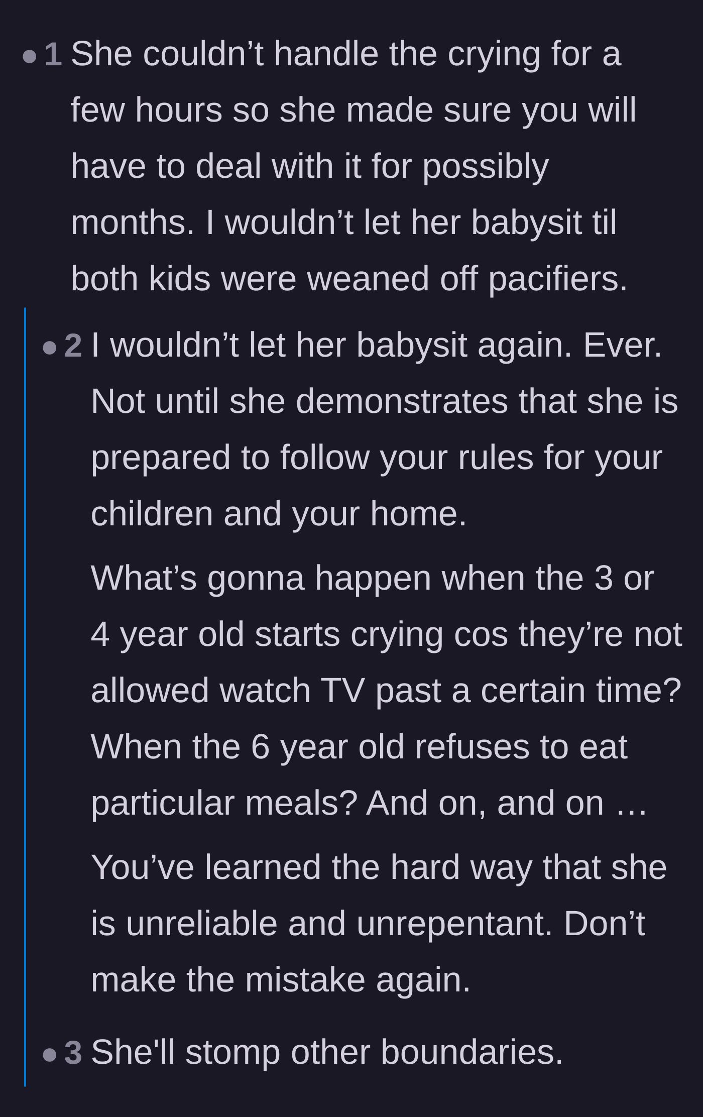 Comment thread 6 - Predictions that allowing the grandmother to babysit again will lead to further, more severe boundary violations as the children age.