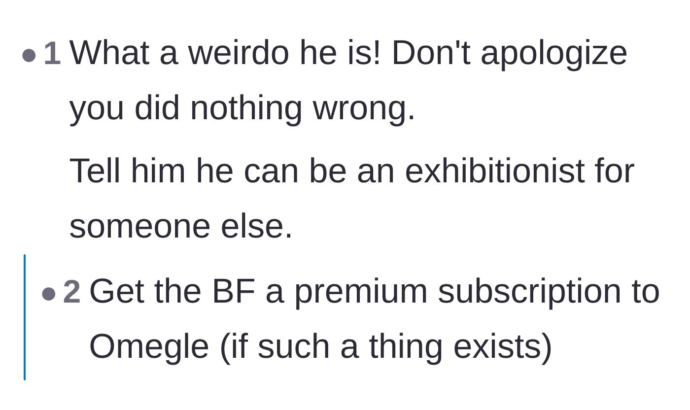 Comment thread 1 - Suggesting the boyfriend find a different audience for his exhibitionism