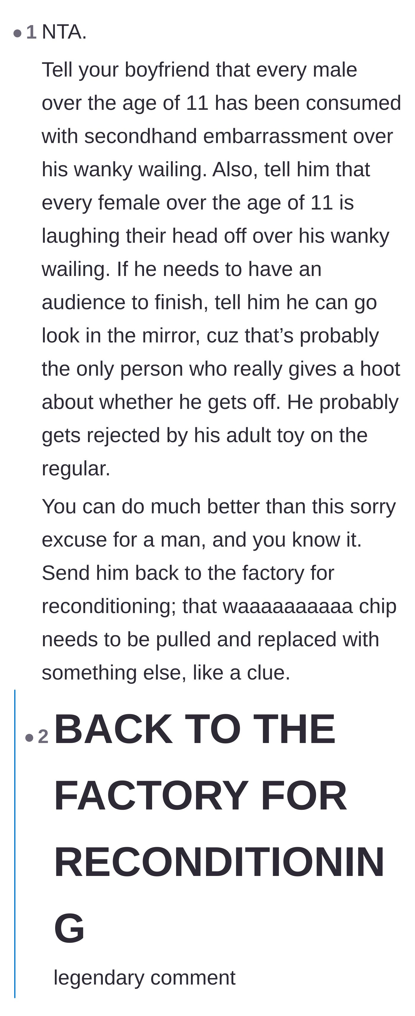 Comment thread 5 - A humorous, scathing takedown of the boyfriend's bruised ego