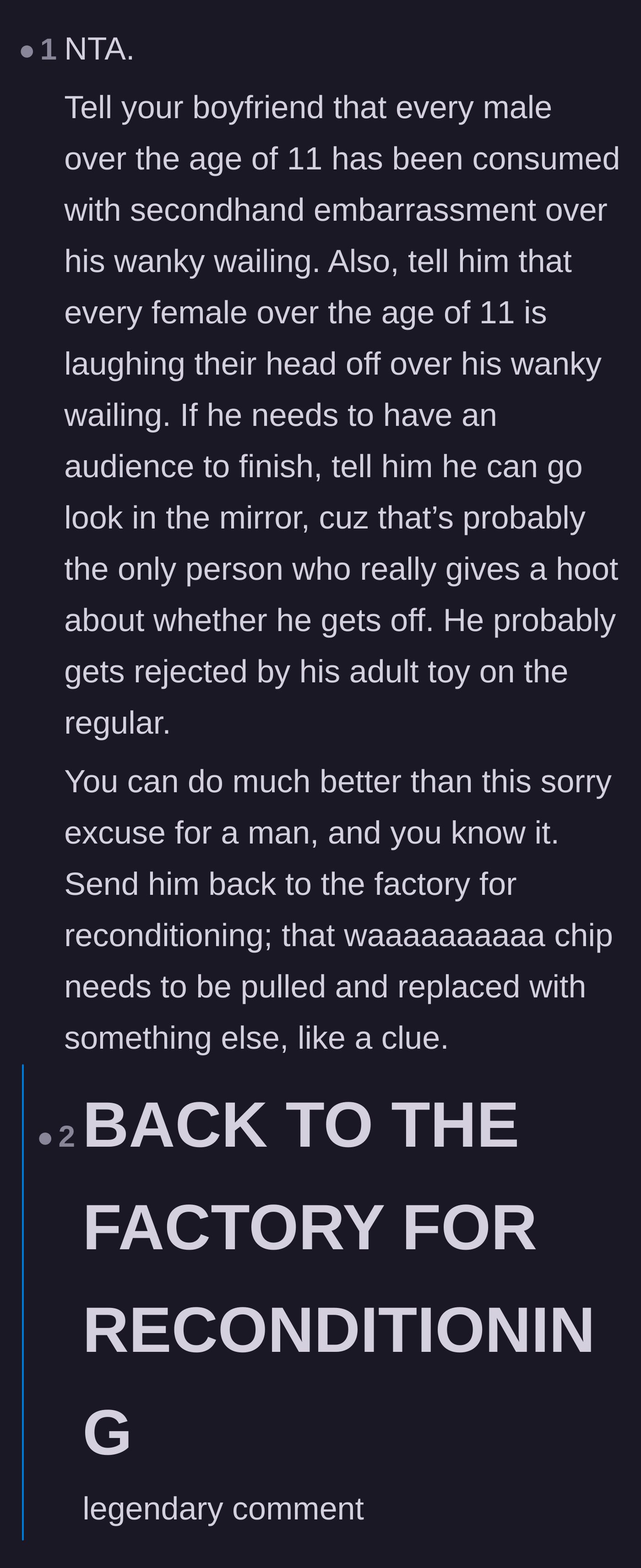 Comment thread 5 - A humorous, scathing takedown of the boyfriend's bruised ego