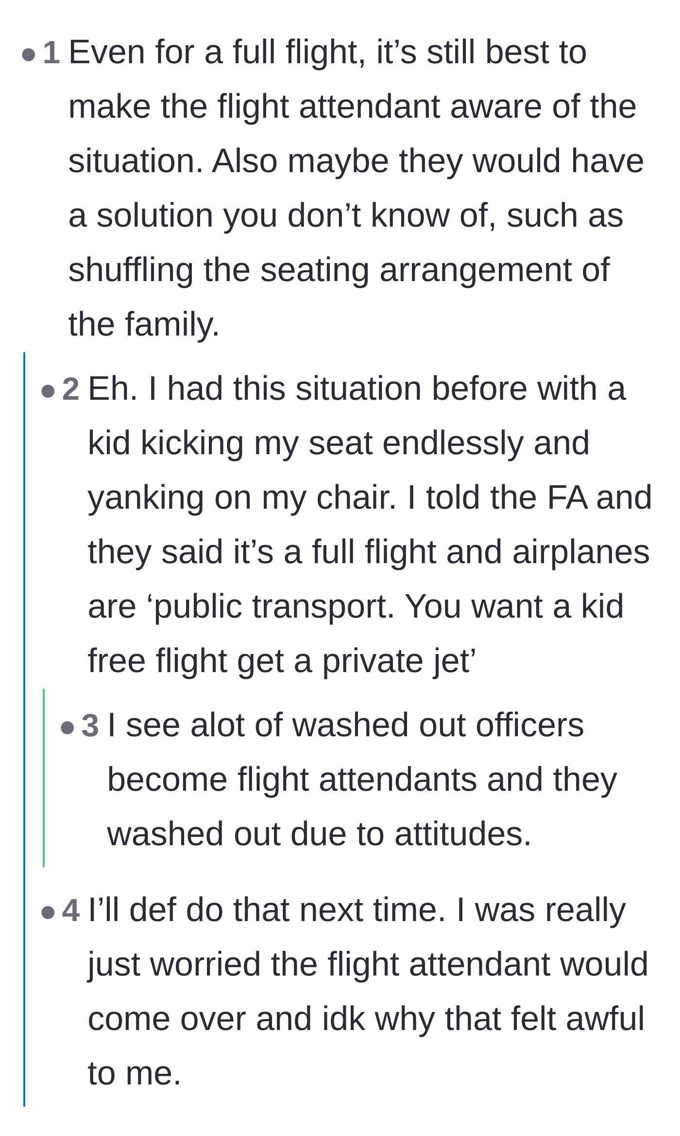 Comment thread debating whether the passenger should have called a flight attendant for help instead of suffering in silence.