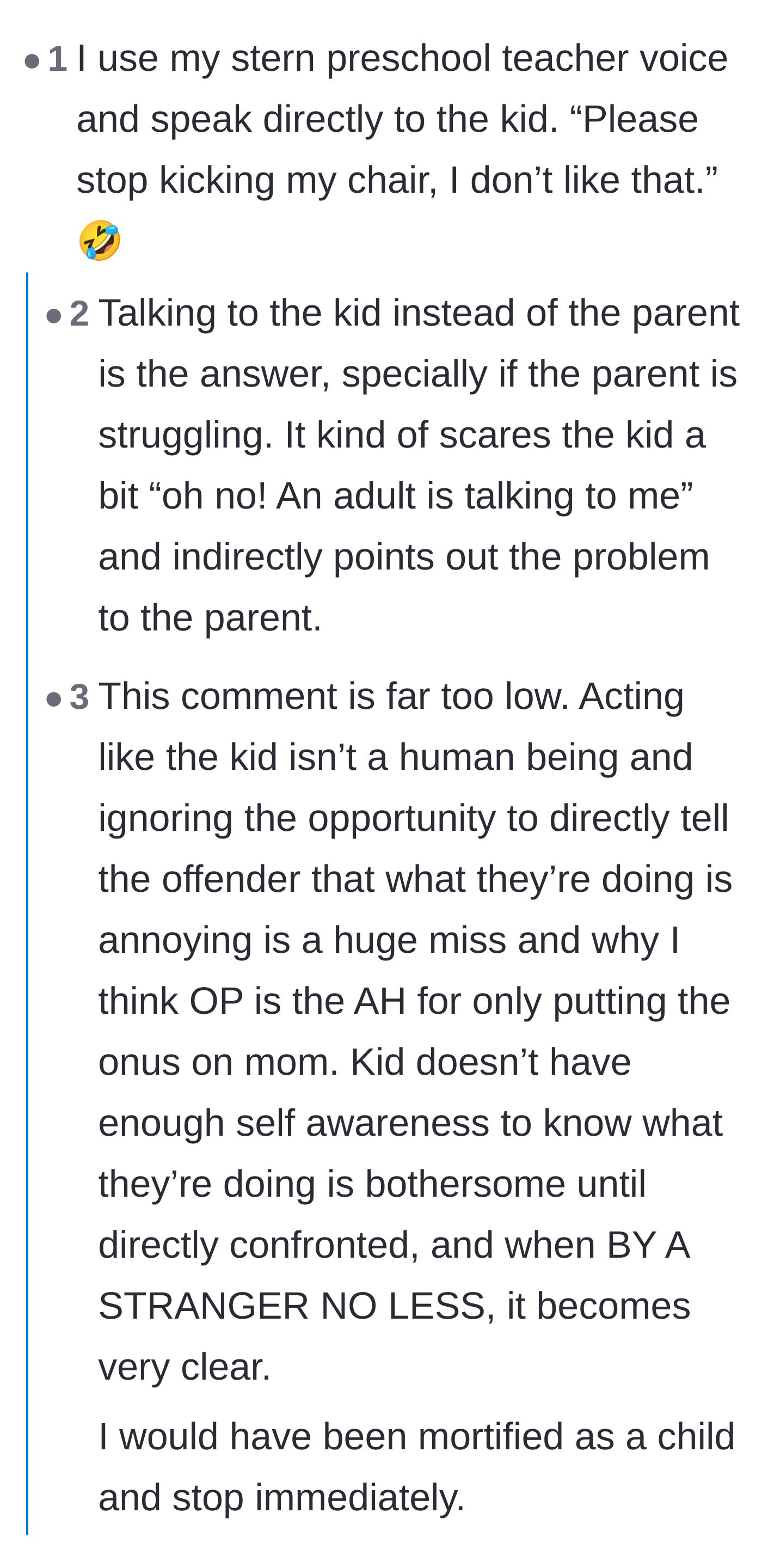 Comment thread discussing the effectiveness of speaking directly to the misbehaving child using a stern voice.