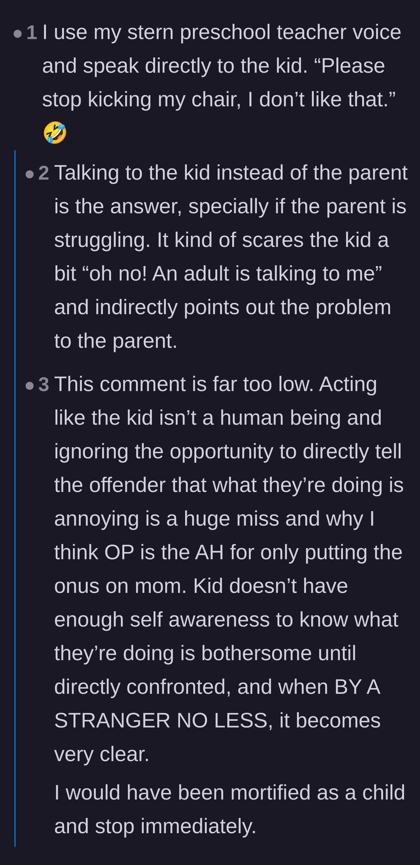 Comment thread discussing the effectiveness of speaking directly to the misbehaving child using a stern voice.