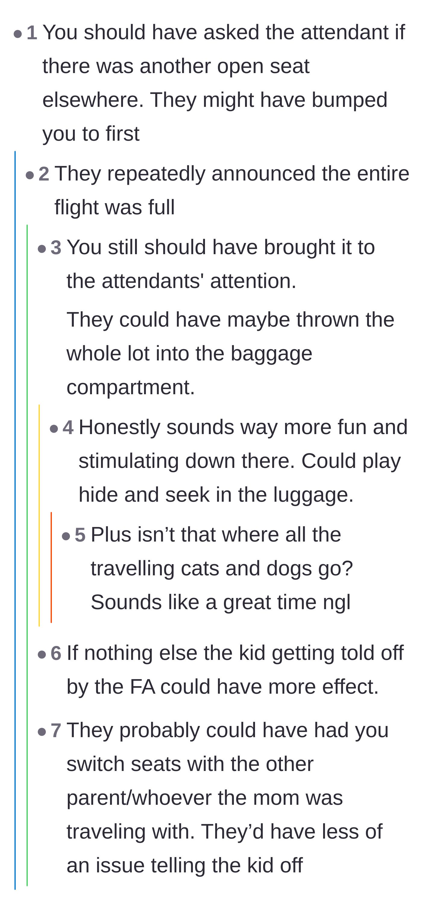 Comment thread suggesting the passenger should have asked to be moved, joking about putting the kids in the luggage hold.