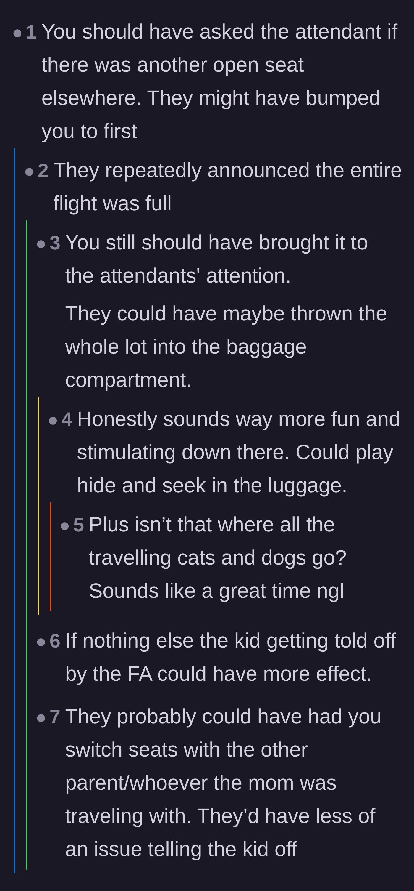 Comment thread suggesting the passenger should have asked to be moved, joking about putting the kids in the luggage hold.