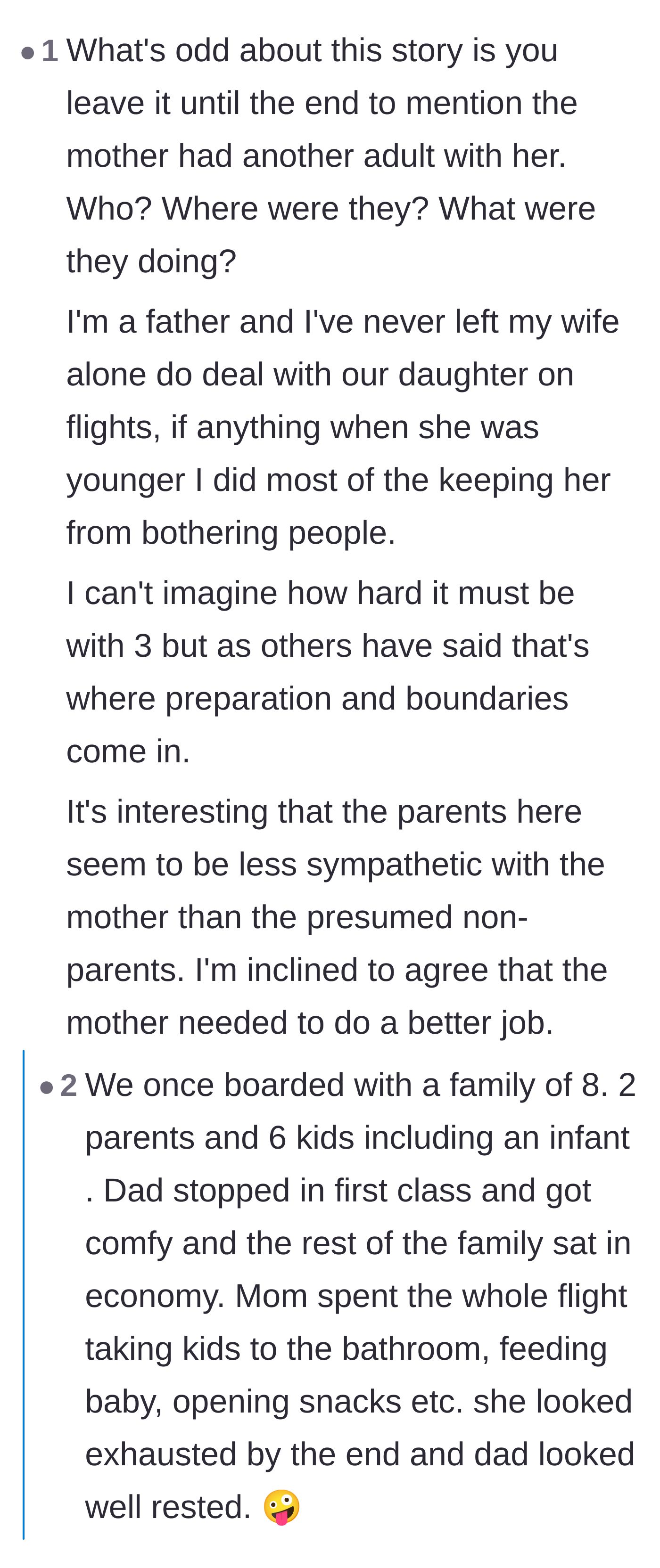 Comment thread calling out the audacity of the second adult traveling with the family who offered zero help.