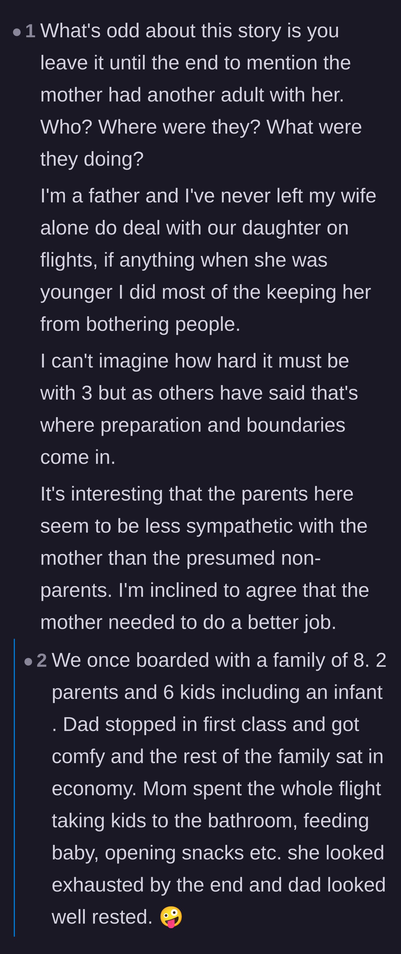Comment thread calling out the audacity of the second adult traveling with the family who offered zero help.