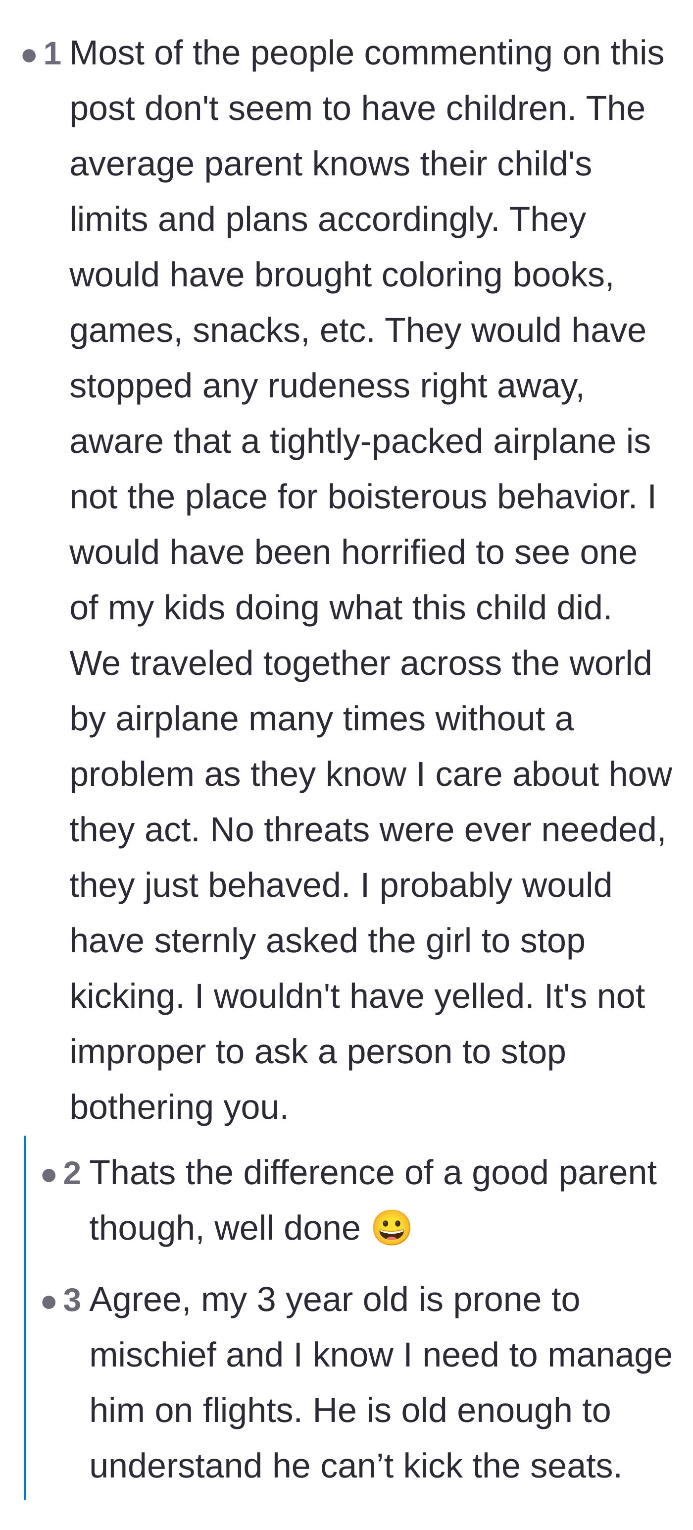 Comment thread from responsible parents explaining how they prepare for flights with kids and condemning the mother's passivity.