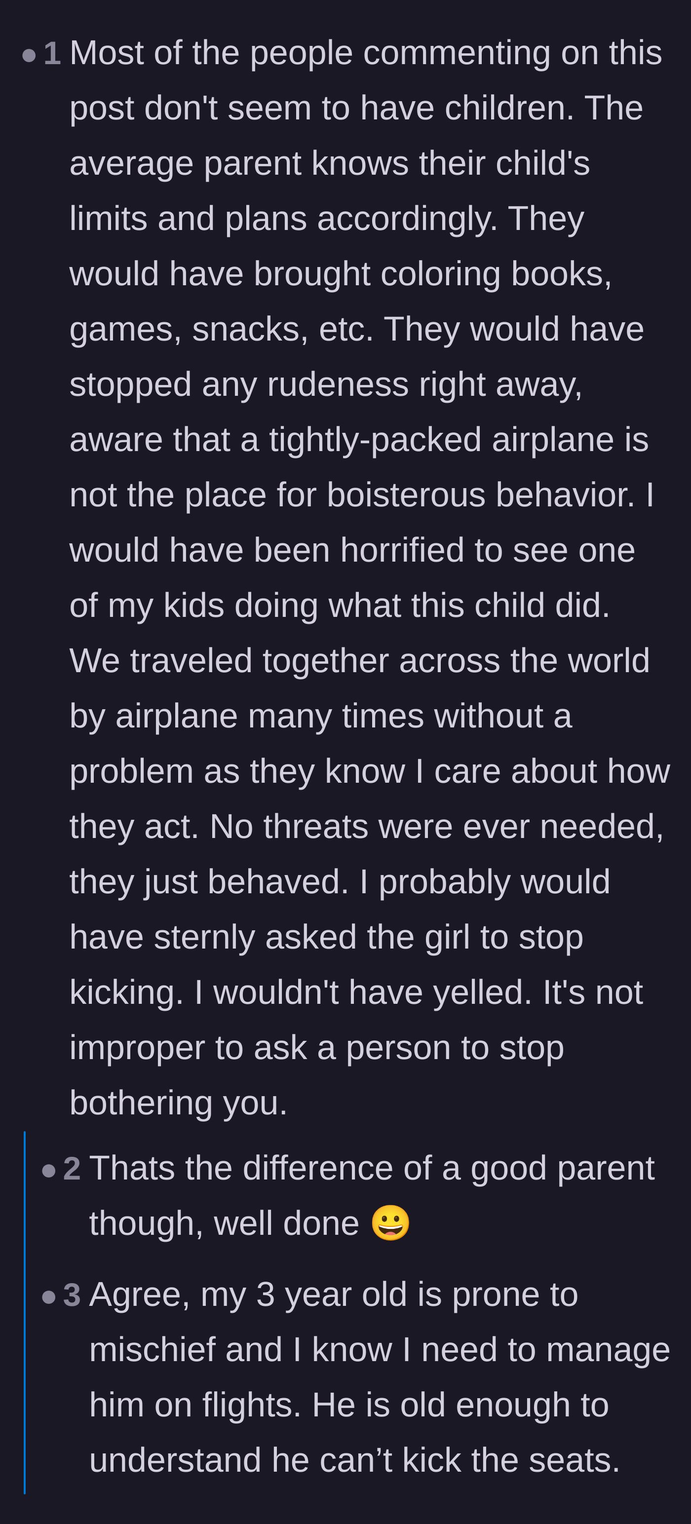 Comment thread from responsible parents explaining how they prepare for flights with kids and condemning the mother's passivity.