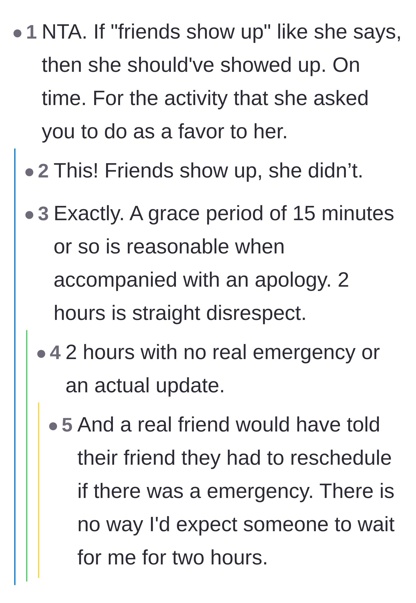 Comment thread 2 - Commenters discuss the difference between a normal 15-minute delay and a disrespectful two-hour wait.