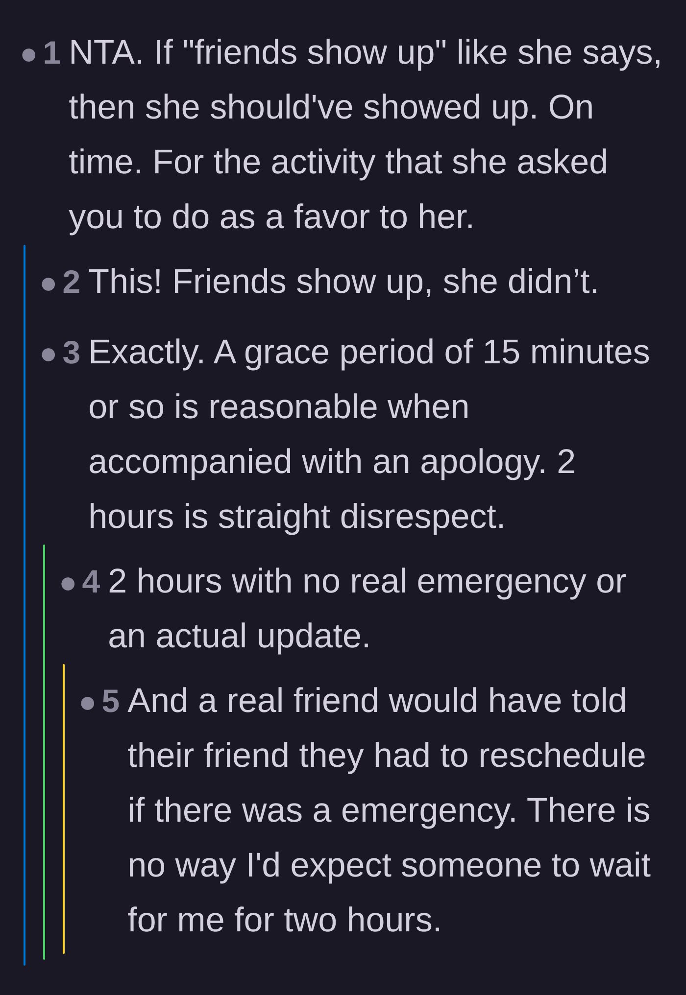 Comment thread 2 - Commenters discuss the difference between a normal 15-minute delay and a disrespectful two-hour wait.