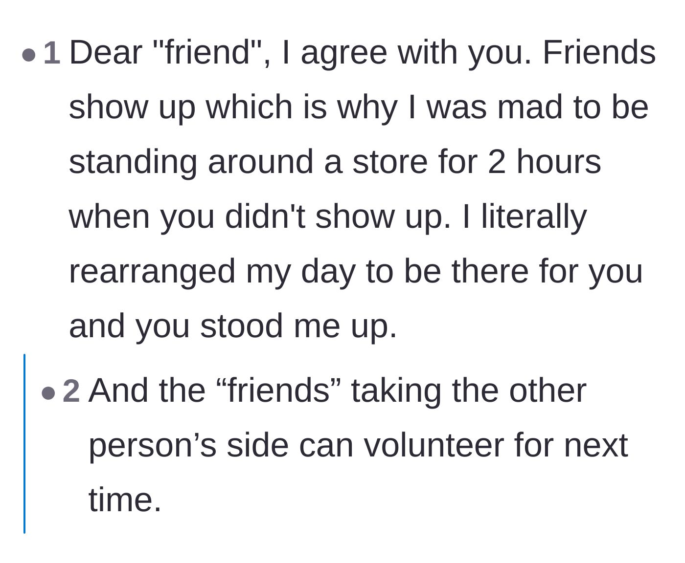 Comment thread 3 - Suggesting a sarcastic response to the friend and offering up the mutual friend for future shopping trips.
