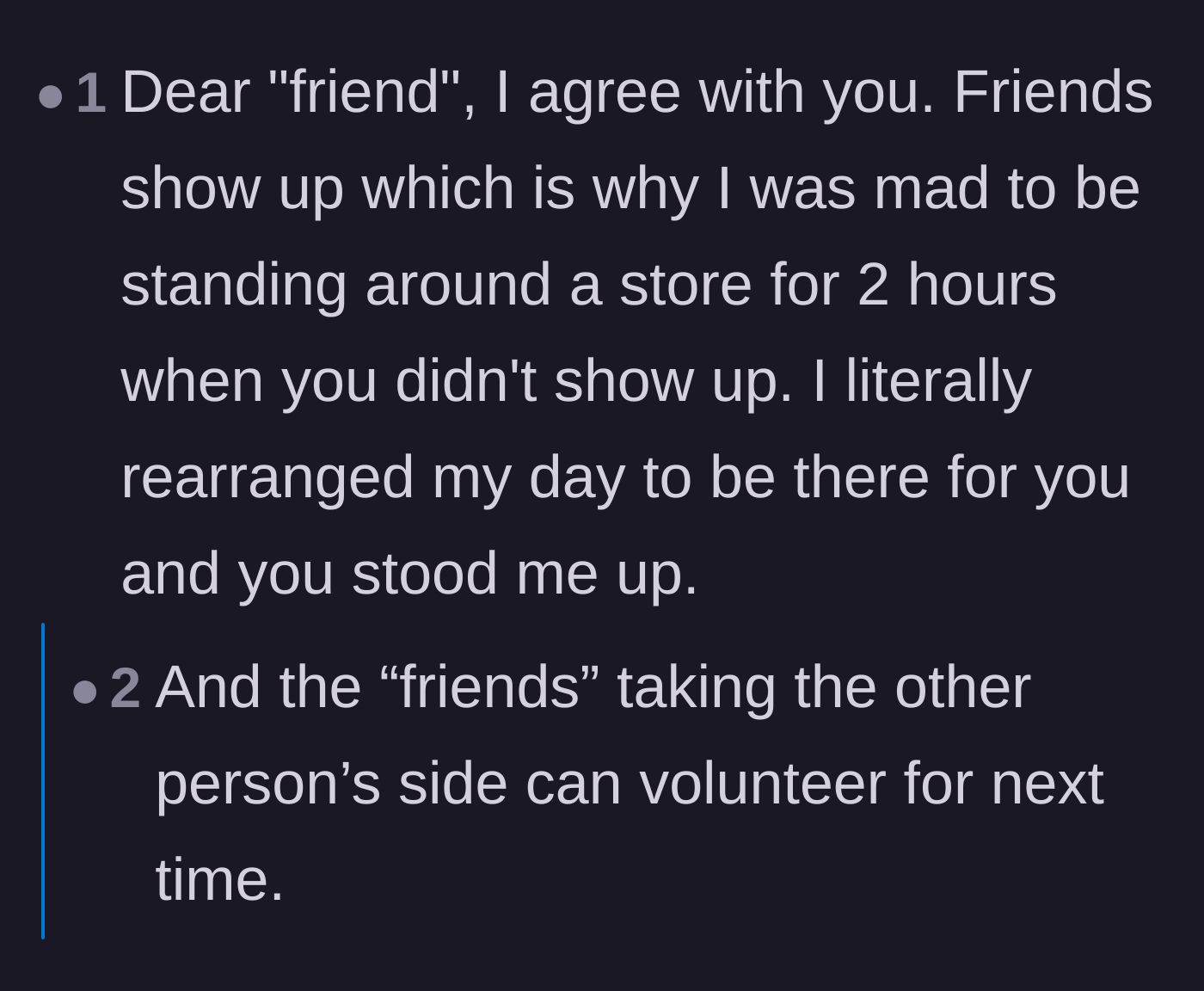 Comment thread 3 - Suggesting a sarcastic response to the friend and offering up the mutual friend for future shopping trips.