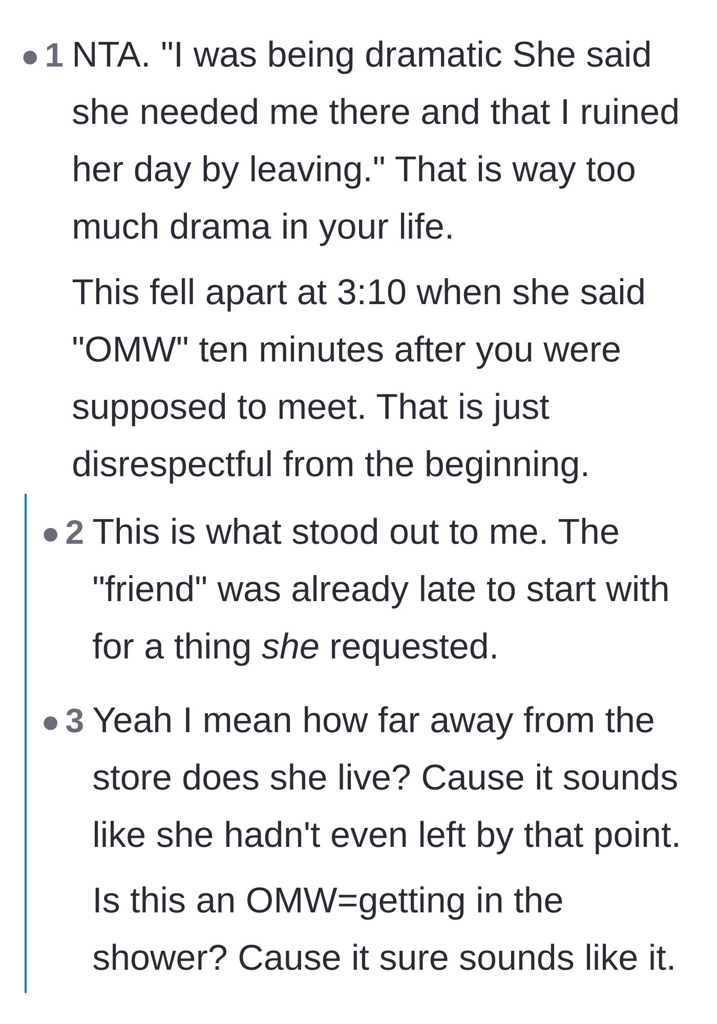 Comment thread 5 - Discussion about how sending the first 'on my way' text ten minutes after the agreed meeting time is already disrespectful.