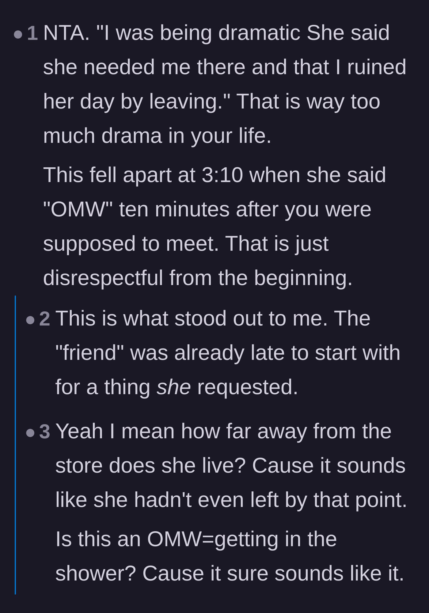 Comment thread 5 - Discussion about how sending the first 'on my way' text ten minutes after the agreed meeting time is already disrespectful.