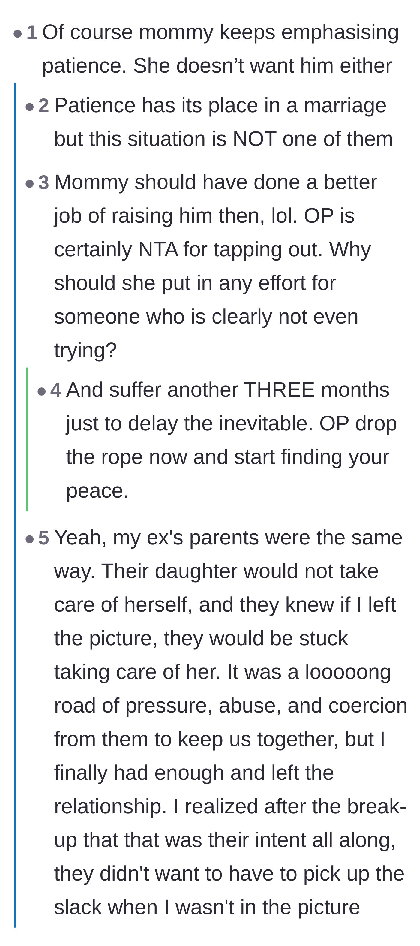 Comment thread 1 - Readers discussing the mother-in-law's ulterior motives for urging patience