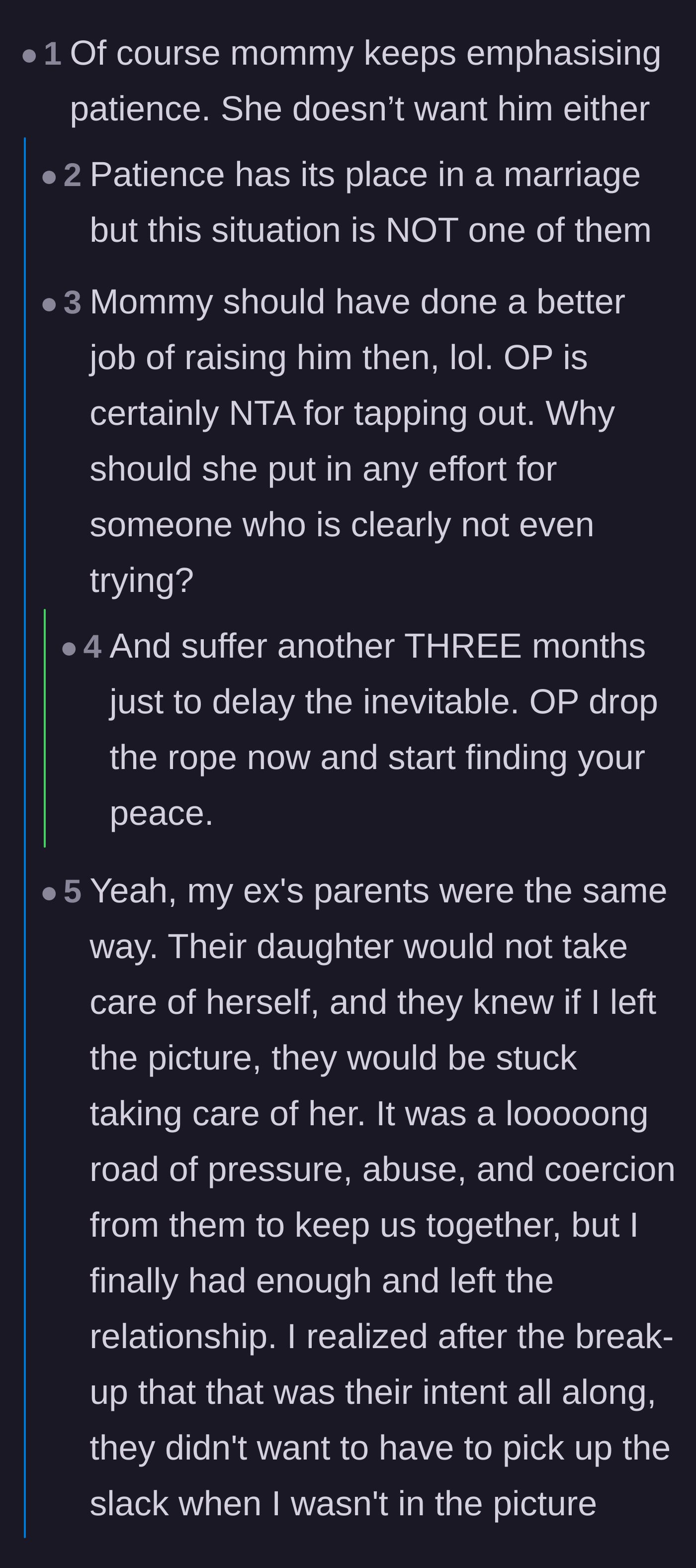Comment thread 1 - Readers discussing the mother-in-law's ulterior motives for urging patience