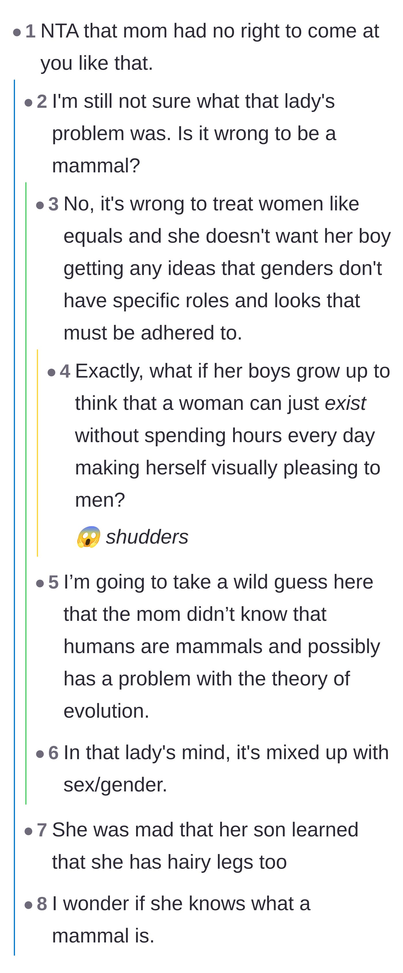 Comment thread 2 - Readers theorizing the psychological and political reasons behind the mother's extreme overreaction to the word 'mammal.'