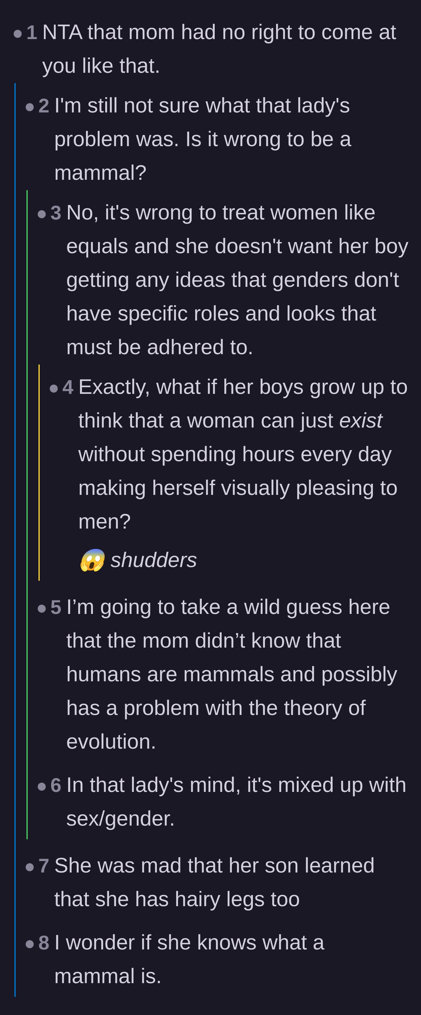 Comment thread 2 - Readers theorizing the psychological and political reasons behind the mother's extreme overreaction to the word 'mammal.'