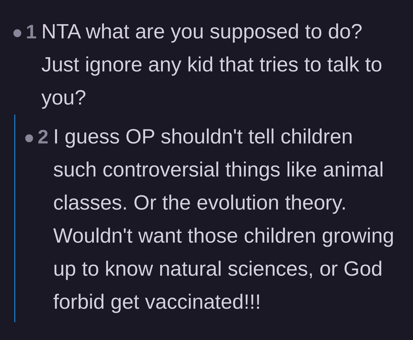 Comment thread 3 - Support for answering children's questions directly, featuring an aunt's list of facts she teaches her nieces and nephews.