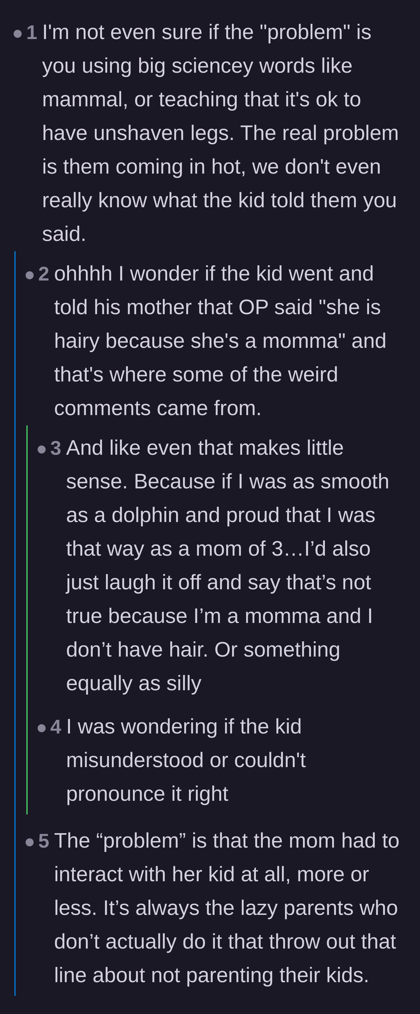 Comment thread 5 - A theory that the child misheard the word 'mammal' as 'momma,' sparking the mother's defensive anger.