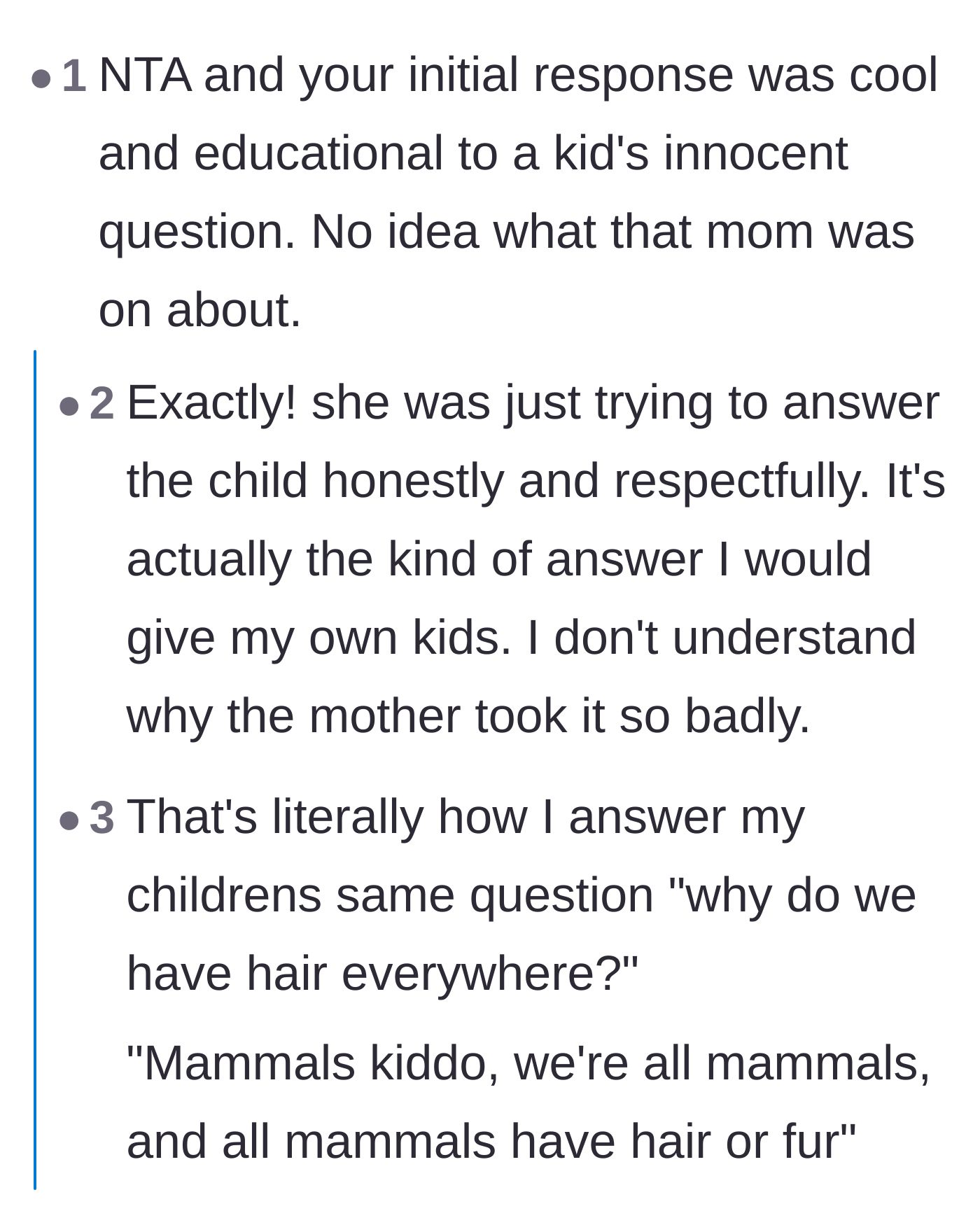 Comment thread 6 - Parents confirming that 'we are mammals' is exactly how they explain body hair to their own children.