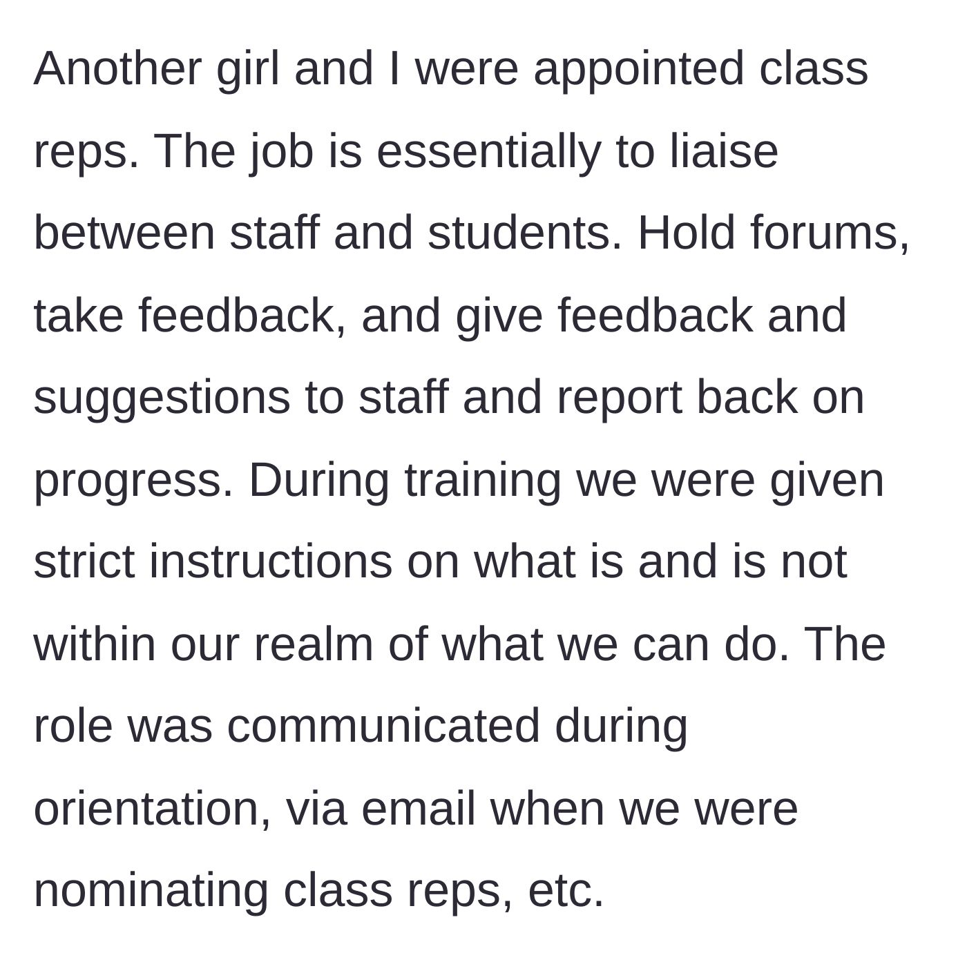 Story part 2 - The woman and another female student are appointed class reps with very clearly defined, professional boundaries.