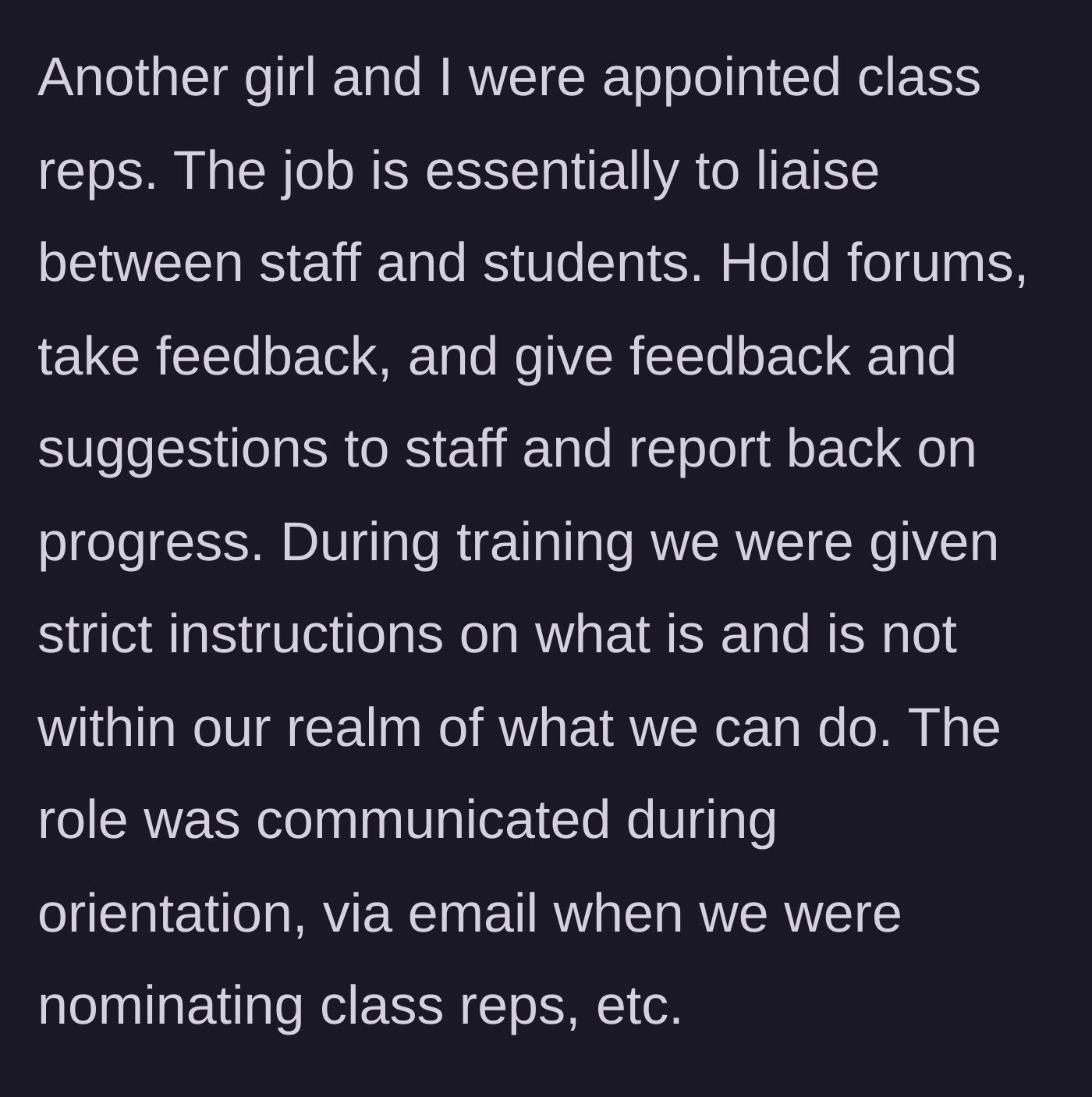 Story part 2 - The woman and another female student are appointed class reps with very clearly defined, professional boundaries.