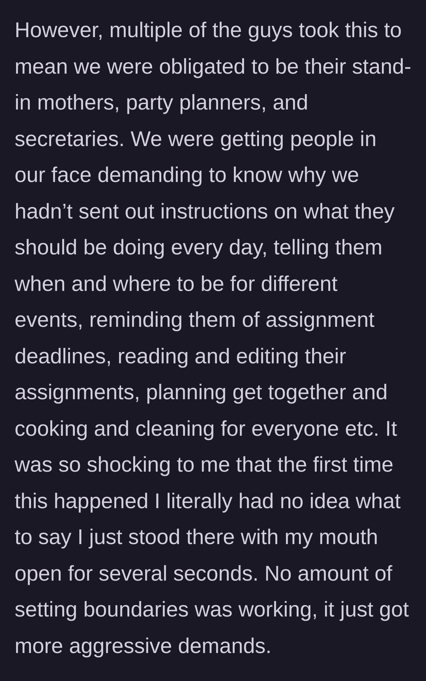 Story part 3 - Male classmates demand the female class reps act as their personal secretaries, party planners, and surrogate mothers.