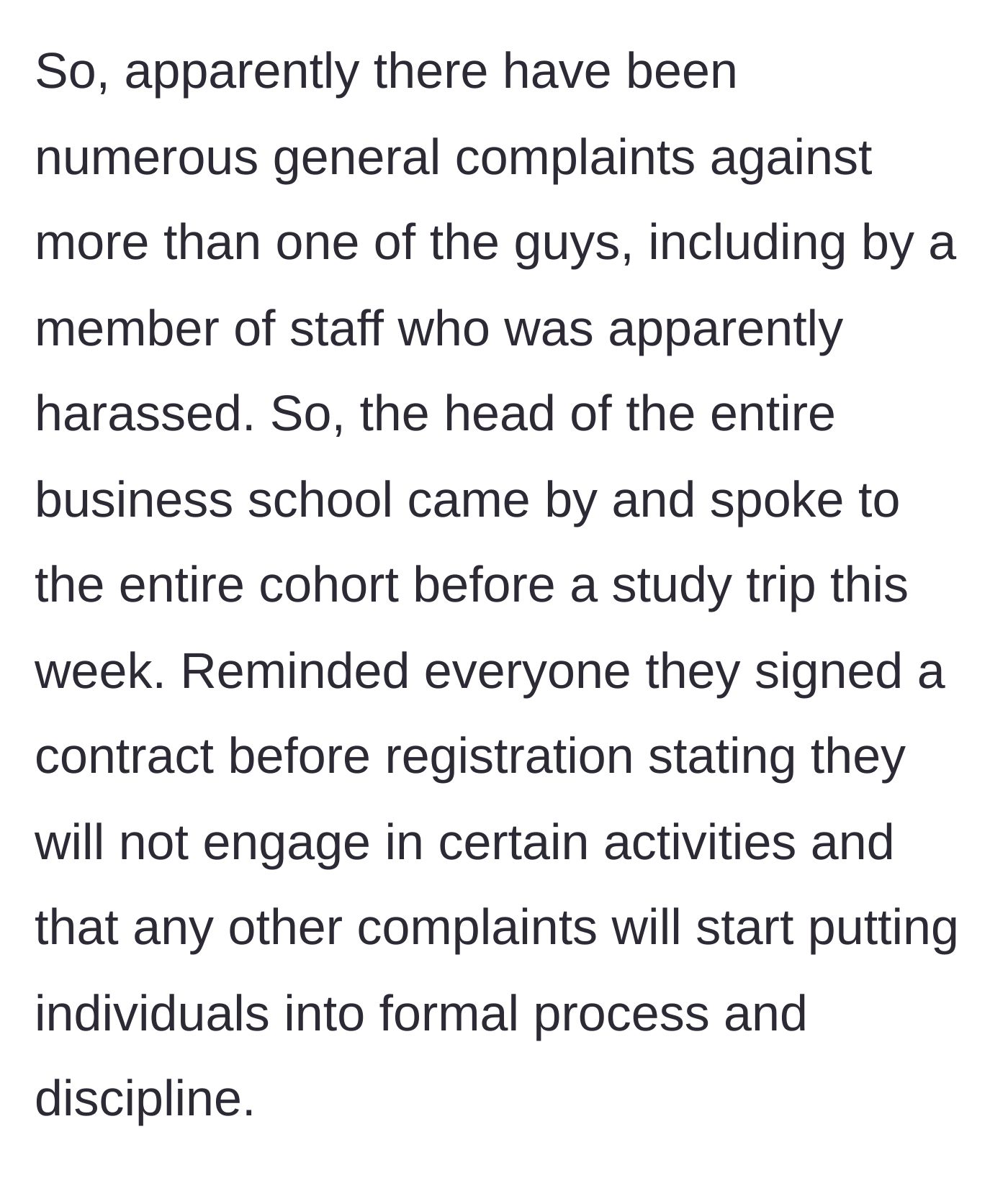 Story part 6 - The head of the business school issues a final warning to the entire cohort about formal discipline due to multiple harassment complaints.