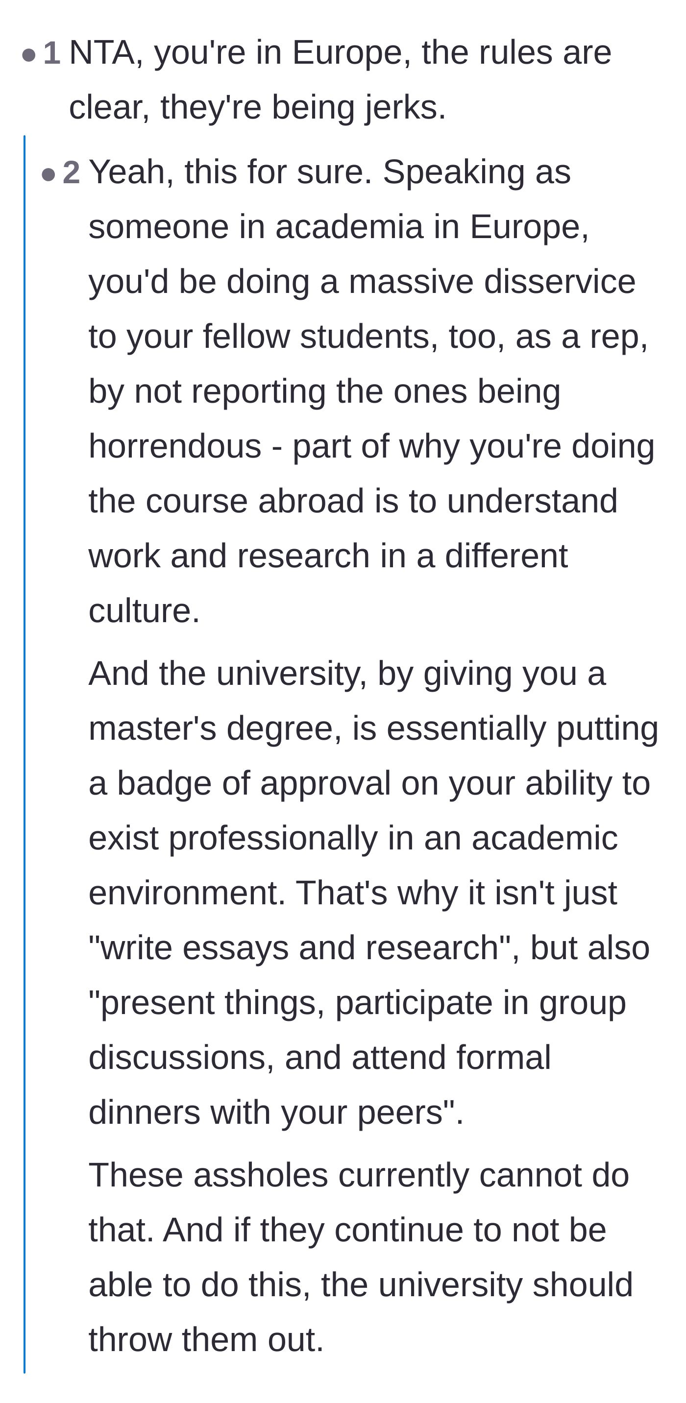 Comment thread 4 - An academic explaining that a Master's degree also certifies a student's ability to behave professionally.