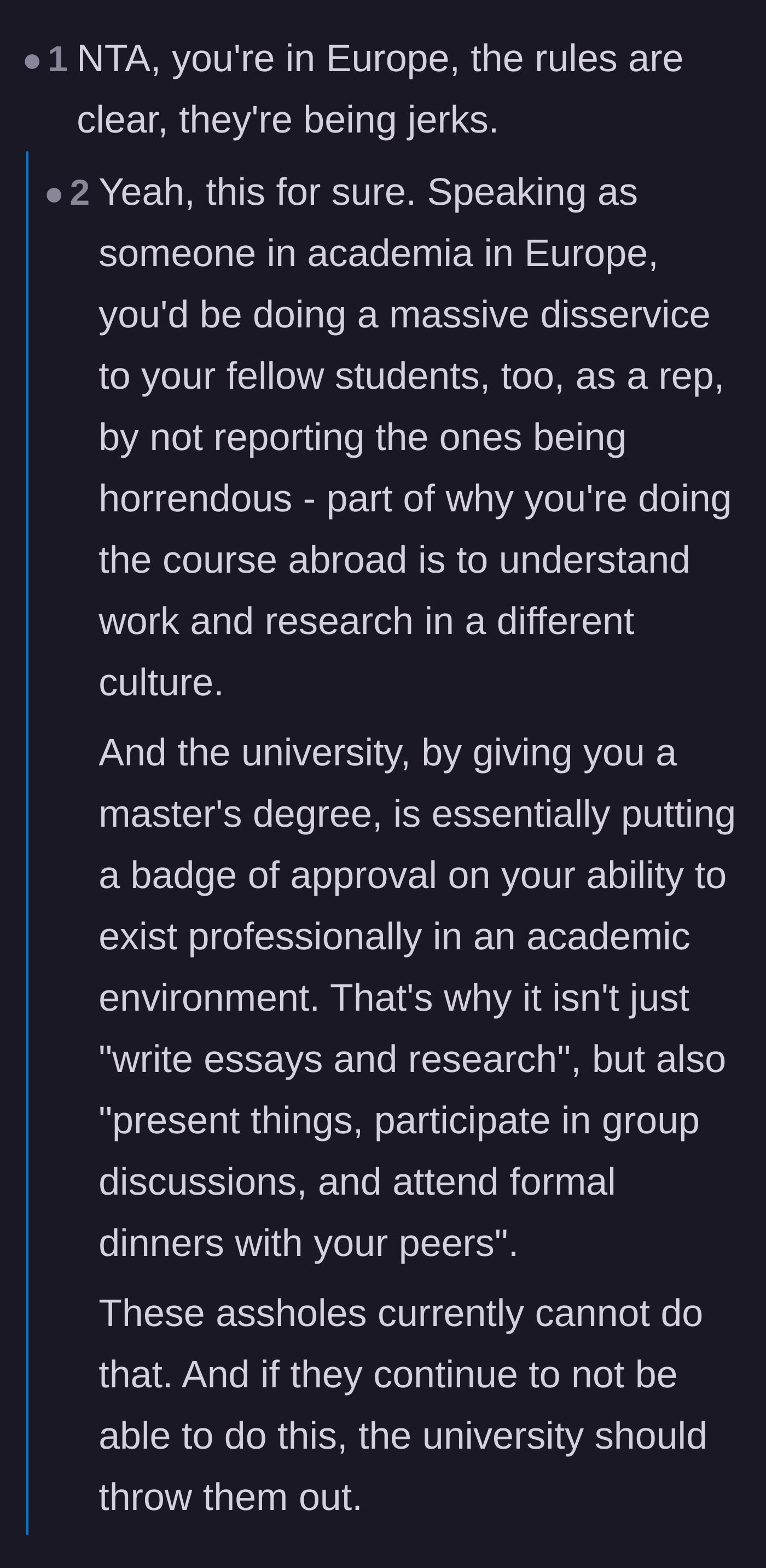 Comment thread 4 - An academic explaining that a Master's degree also certifies a student's ability to behave professionally.