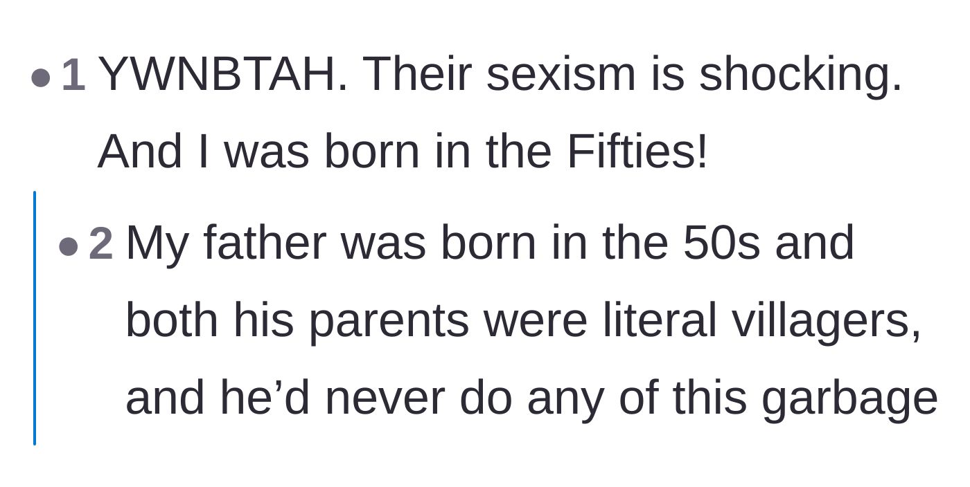 Comment thread 5 - A commenter born in the 1950s expressing absolute shock at the outdated sexism of the male students.