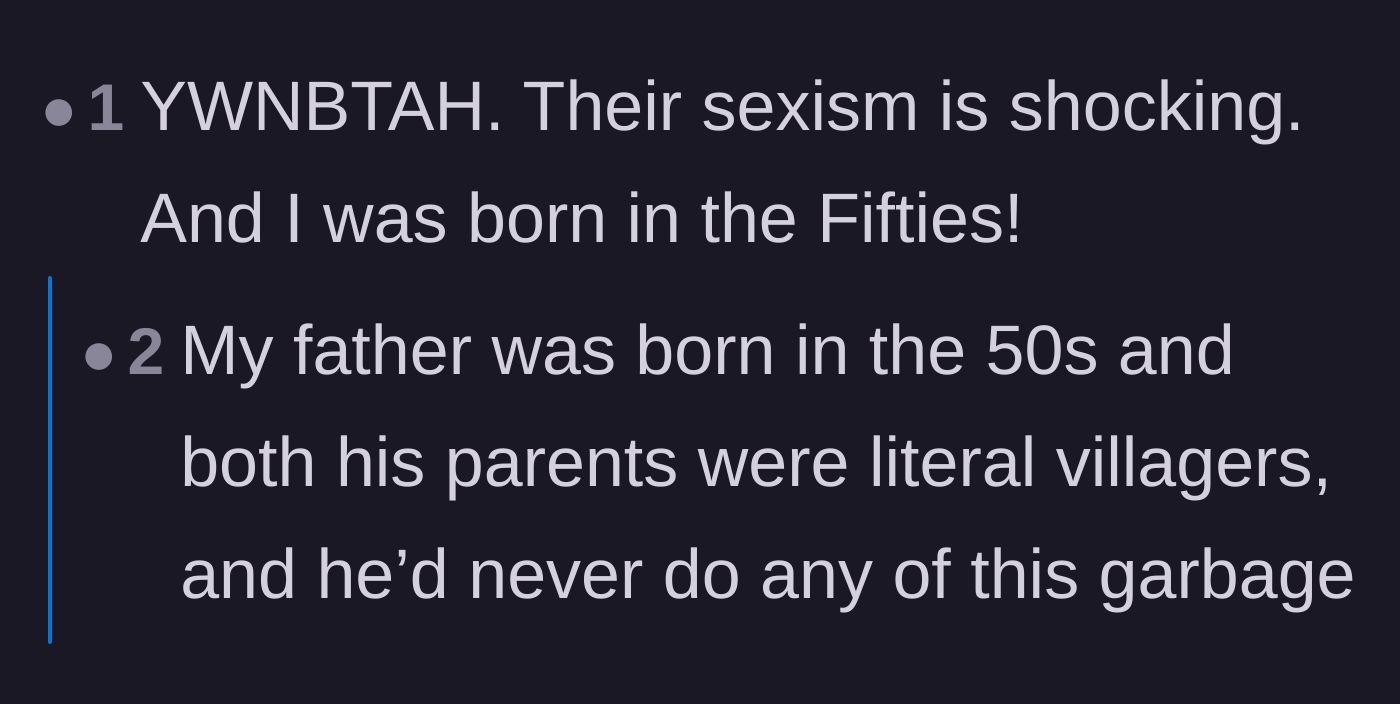 Comment thread 5 - A commenter born in the 1950s expressing absolute shock at the outdated sexism of the male students.