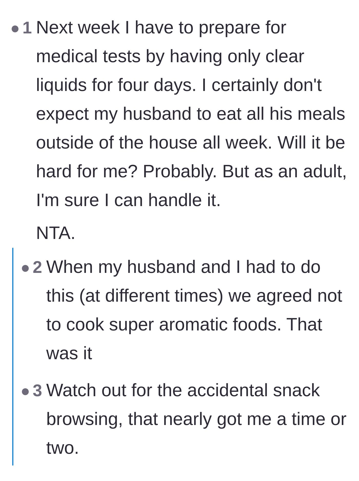 Comment thread 2 - Spouses sharing stories of how they handled liquid diets without demanding their partners starve.