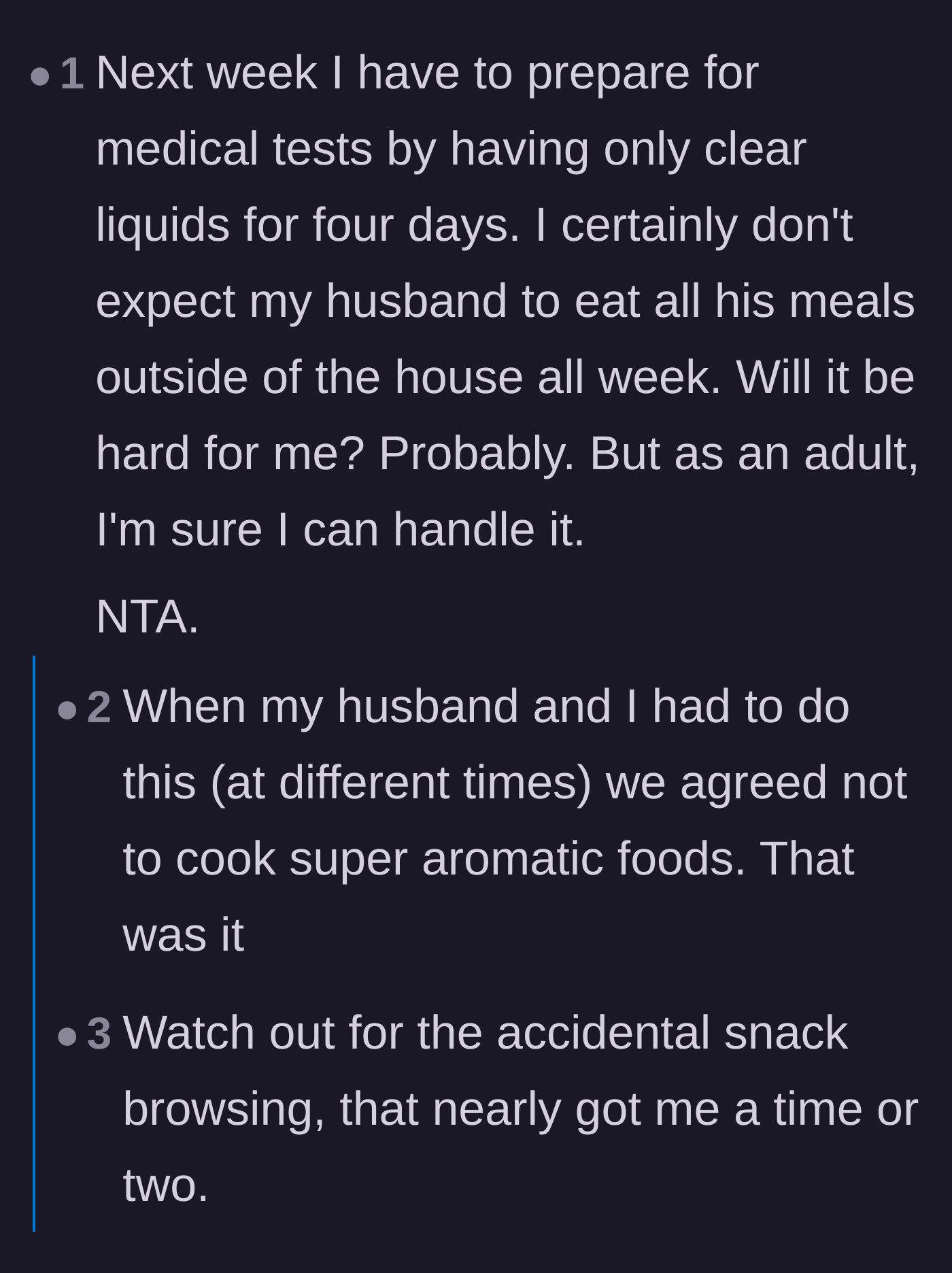Comment thread 2 - Spouses sharing stories of how they handled liquid diets without demanding their partners starve.