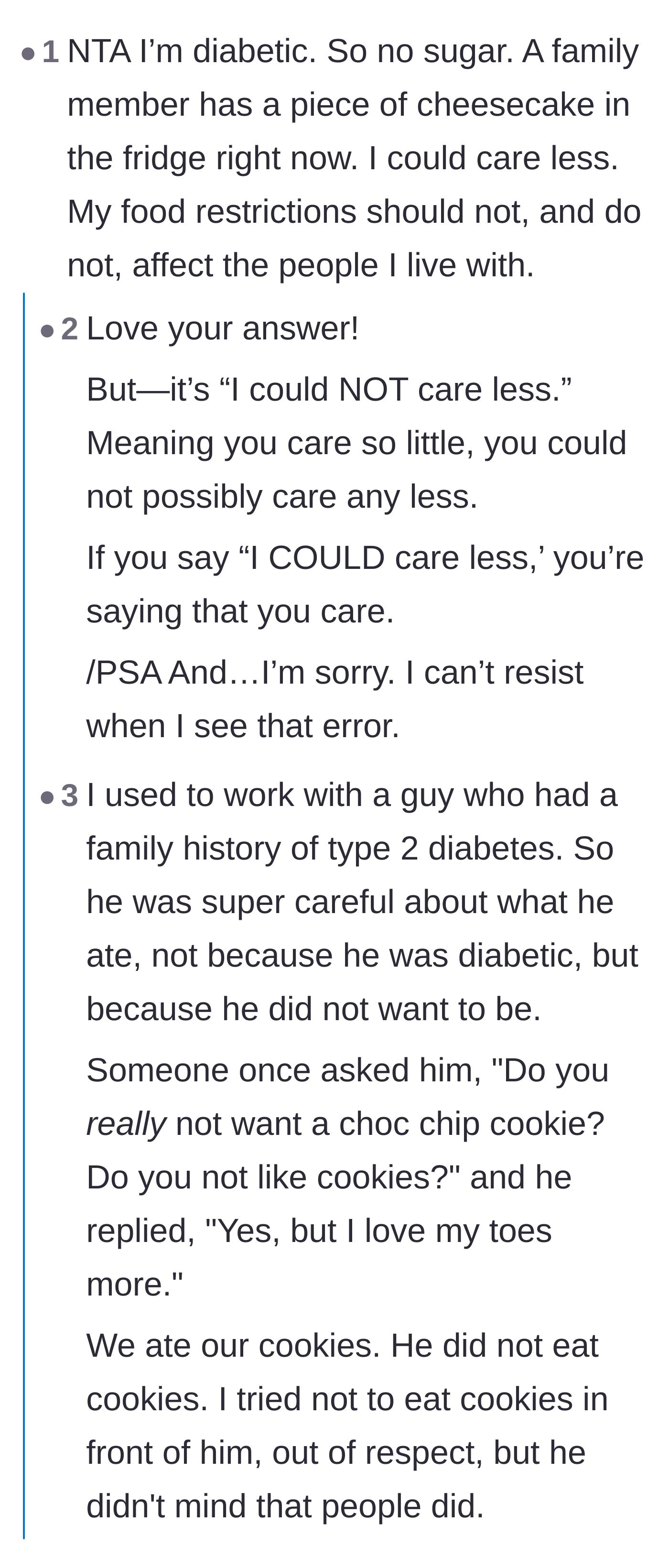 Comment thread 3 - A diabetic commenter explains their lack of entitlement, followed by a sarcastic joke about banning walking for bad knees.