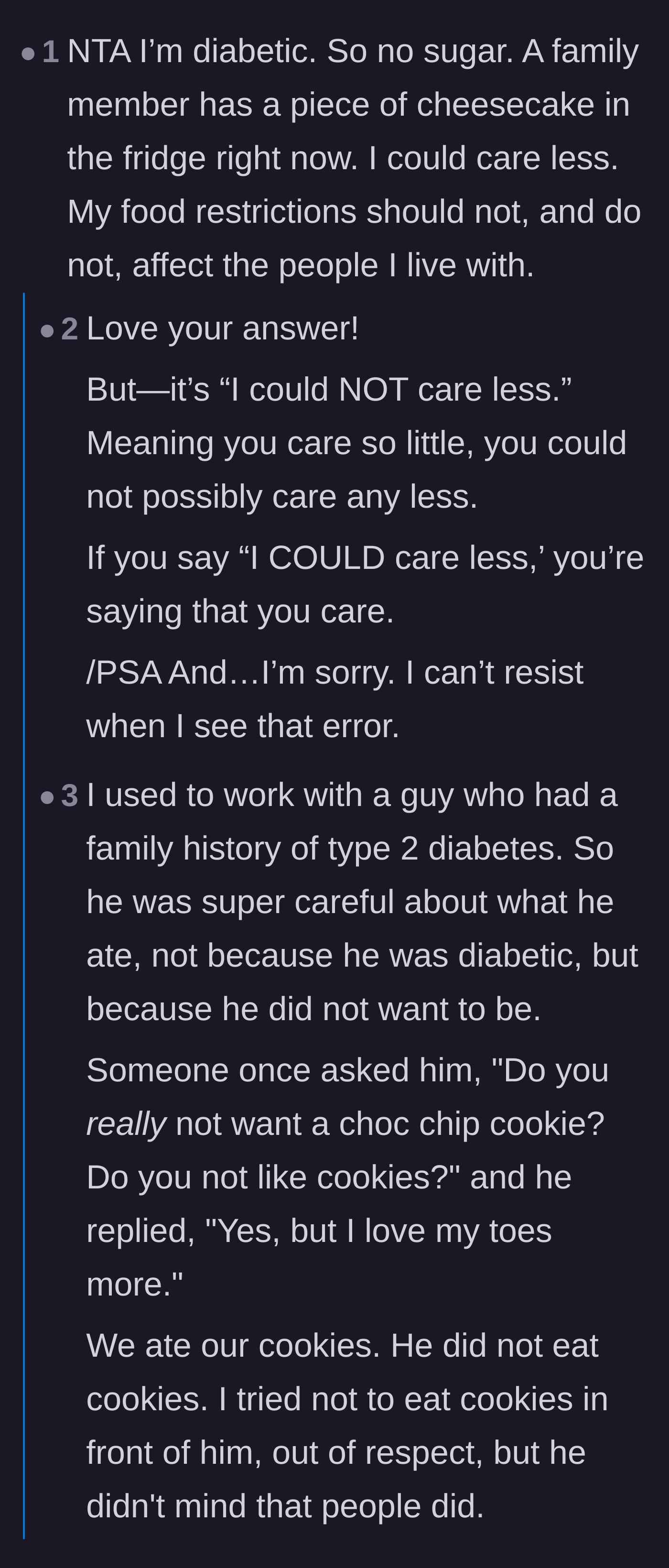 Comment thread 3 - A diabetic commenter explains their lack of entitlement, followed by a sarcastic joke about banning walking for bad knees.