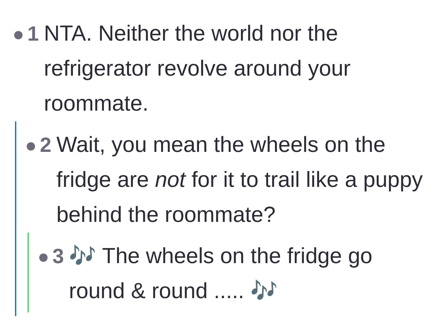 Comment thread 4 - A witty remark about the world and the refrigerator not revolving around the roommate.