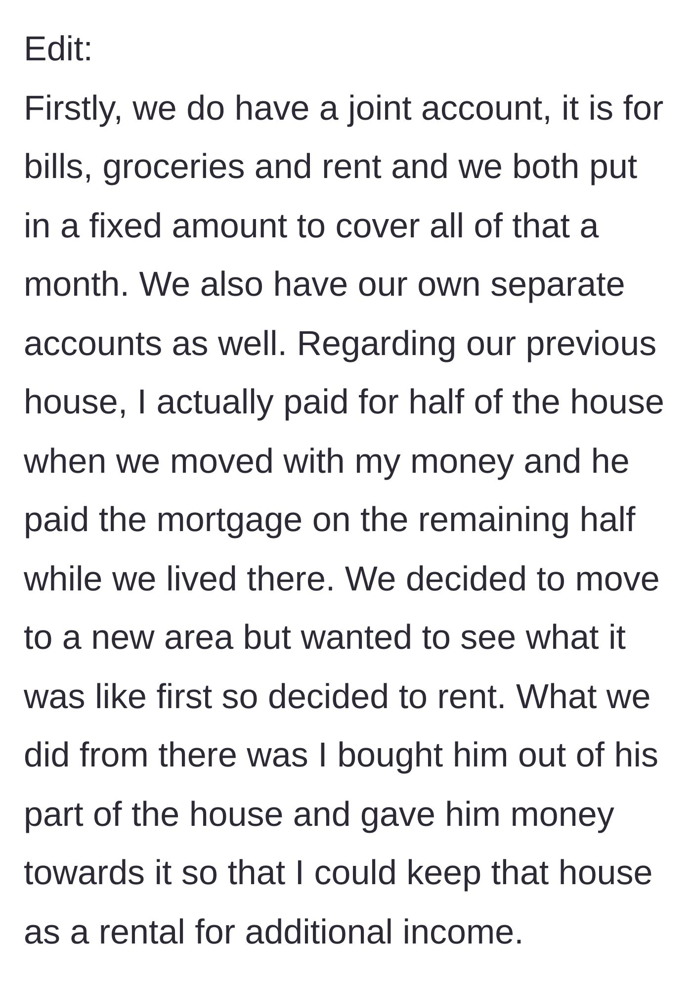 Story part 4 - Wife breaks down their financial history, revealing she previously bought him out of their shared home to build her own wealth.