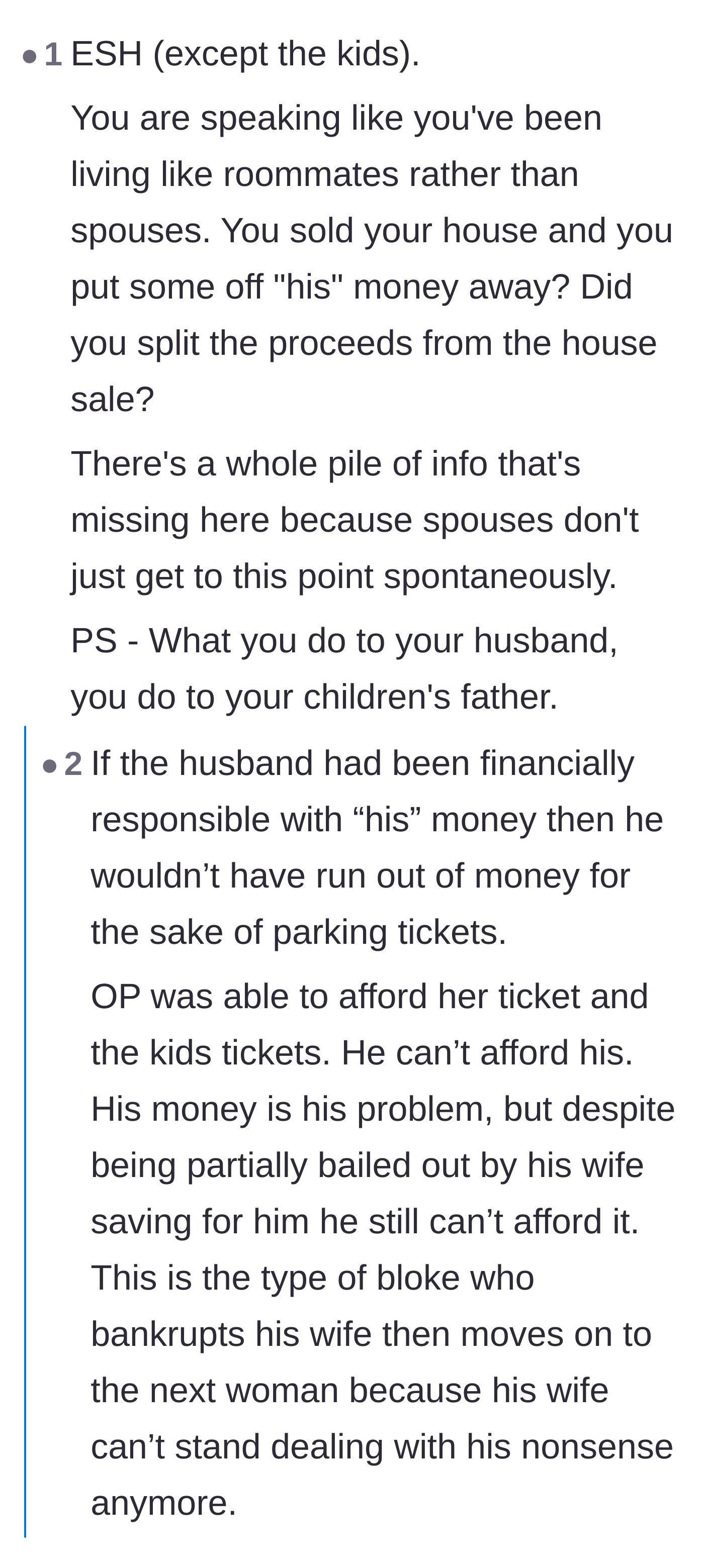 Comment thread 1 - Debate over whether the couple acts like roommates and the mental toll of managing a partner's debt.